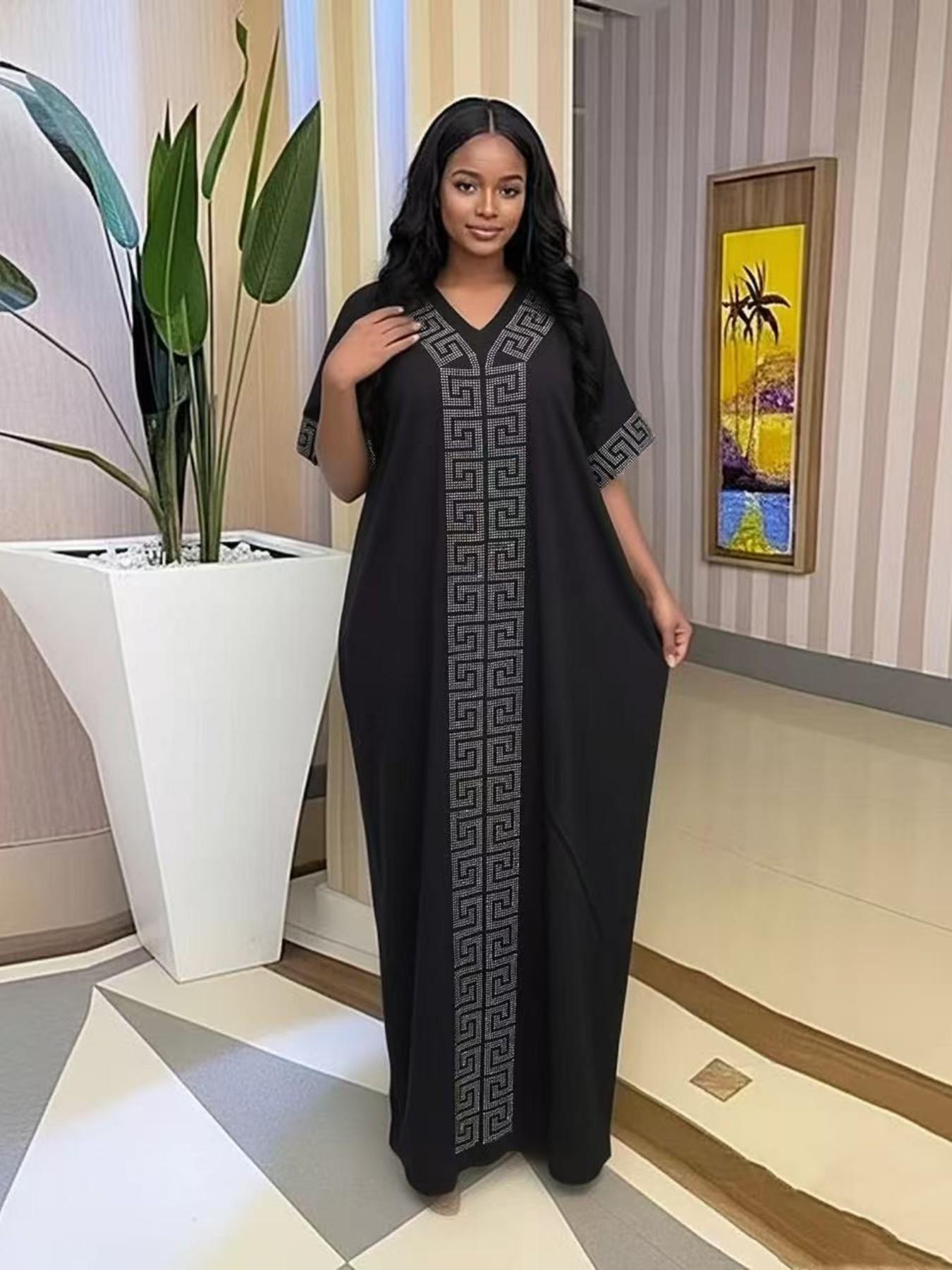 2026 African Nigerian Style Women's Islamic Clothing Rhinestone Loose Boubou Kaftan Dress, Elegant Solid Color, Muslim Ethnic Robe with Matching Scarf & Pockets, Daily Party Wear 2026 African Nigerian Style Women's Islamic Clothing Rhinestone Loose Boubou Kaftan Dress, Elegant Solid Color, Muslim Ethnic Robe with Matching Scarf & Pockets, Daily Party Wear