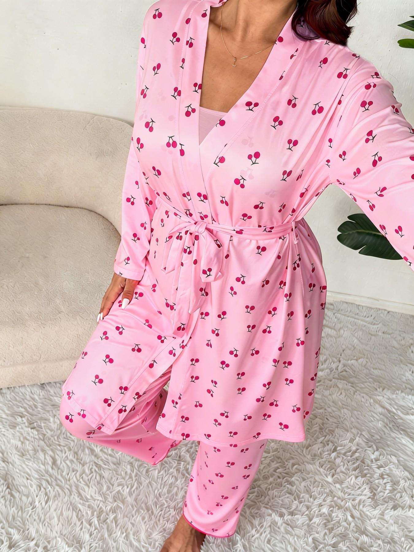 Plus Size Cherry Print Women's Sweet Comfortable Belted Robe & Sleeveless Long Pants & Cami Set, Three-Piece Pajama Sleepwear, Casual Home Wear