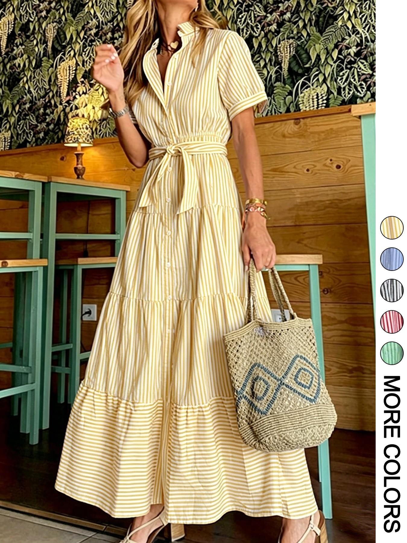 Women's Striped Print Adjustable Belted Button Dress, Elegant Casual Long Dress for Summer, Women's Clothing for Daily Wear, Fit, Womenswear Women's Striped Print Adjustable Belted Button Dress, Elegant Casual Long Dress for Summer, Women's Clothing for Daily Wear, Fit, Womenswear