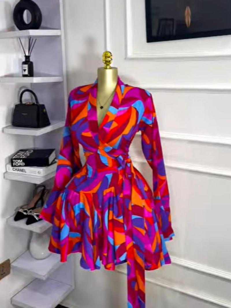 PULKRITU Women's Tie-Dye Print Flare Long Sleeve Dress, V-Neck Bow Hem, Fall Winter Wear, Elegant Vacation Party Birthday Dress PULKRITU Women's Tie-Dye Print Flare Long Sleeve Dress, V-Neck Bow Hem, Fall Winter Wear, Elegant Vacation Party Birthday Dress