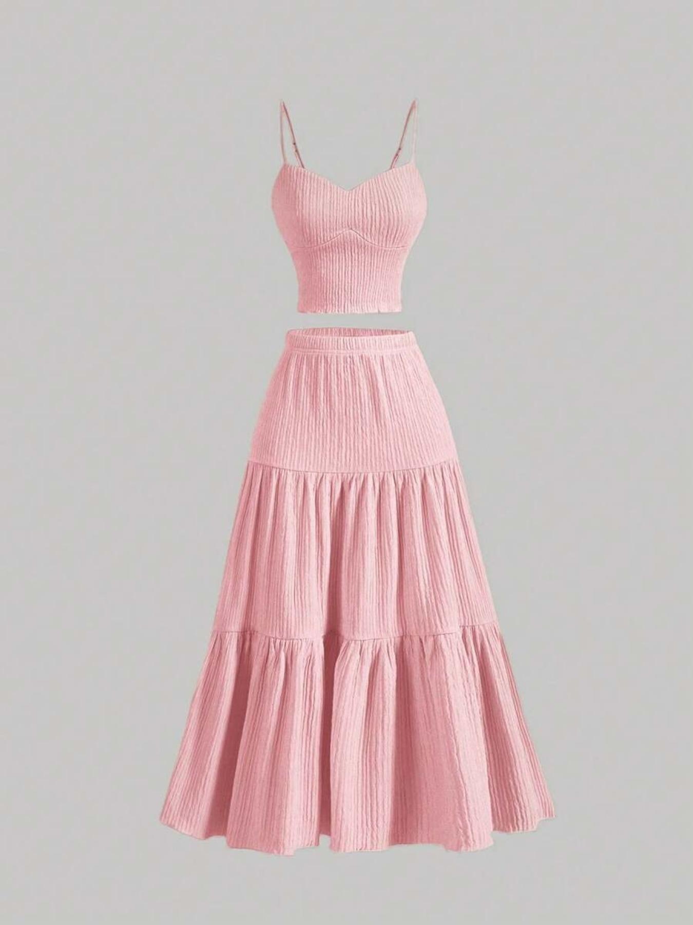 Women's Solid Woven Crop Cami Top & Pleated A-line Skirt Two-piece Set Womenswear, Casual Fashion Cozy Two Piece Outfits for Daily Outdoor Wear, Ladies Clothes for Summer
