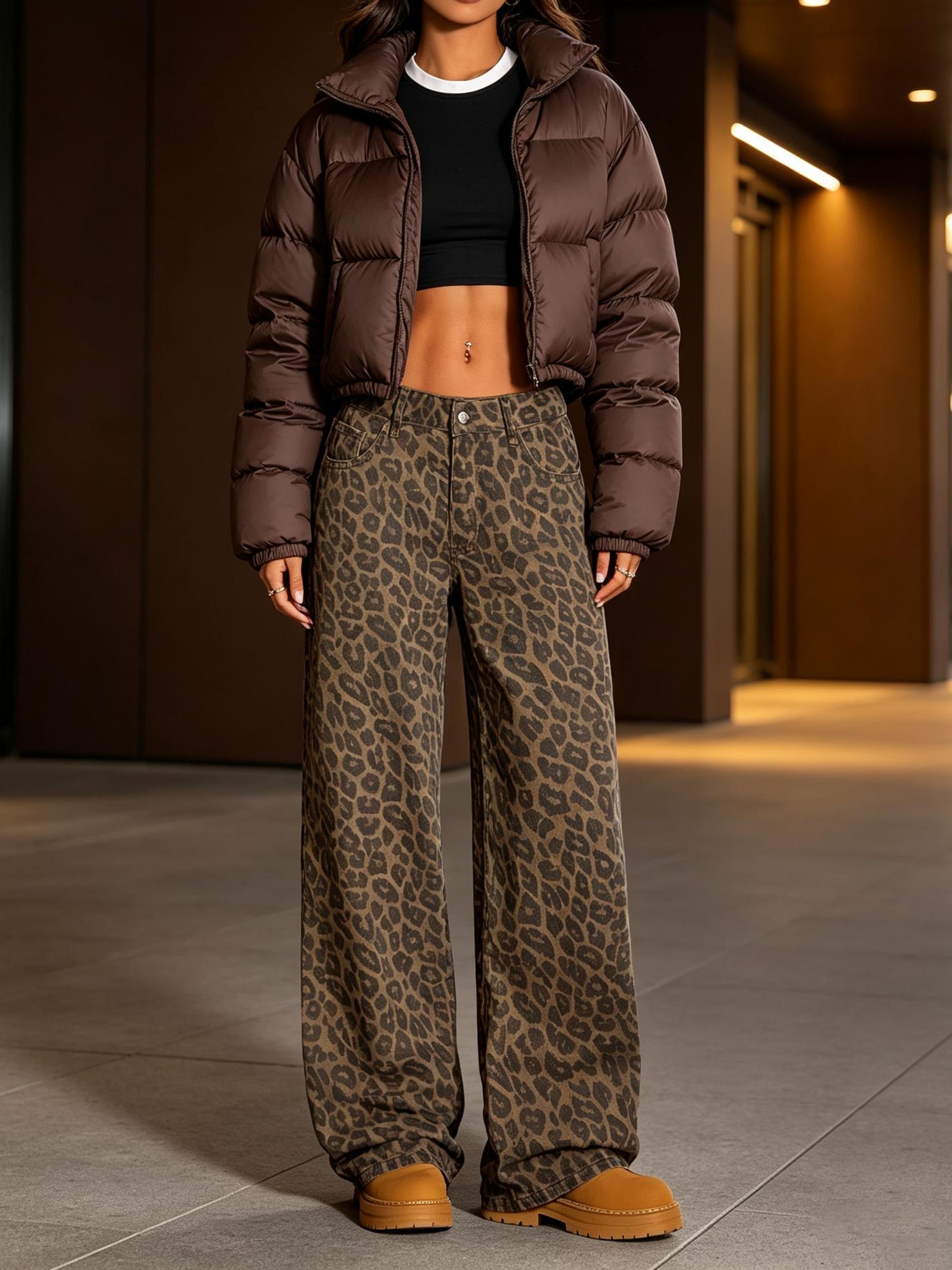 Women's Leopard Print Wide-Leg Oversized Pants, Loose-Fit Elastic Waist Button-Fly Trousers, Casual Trousers, Multiple Colors Available, Boho Style Pants, Bohemian Casual Pants, Casual Fashion Trousers