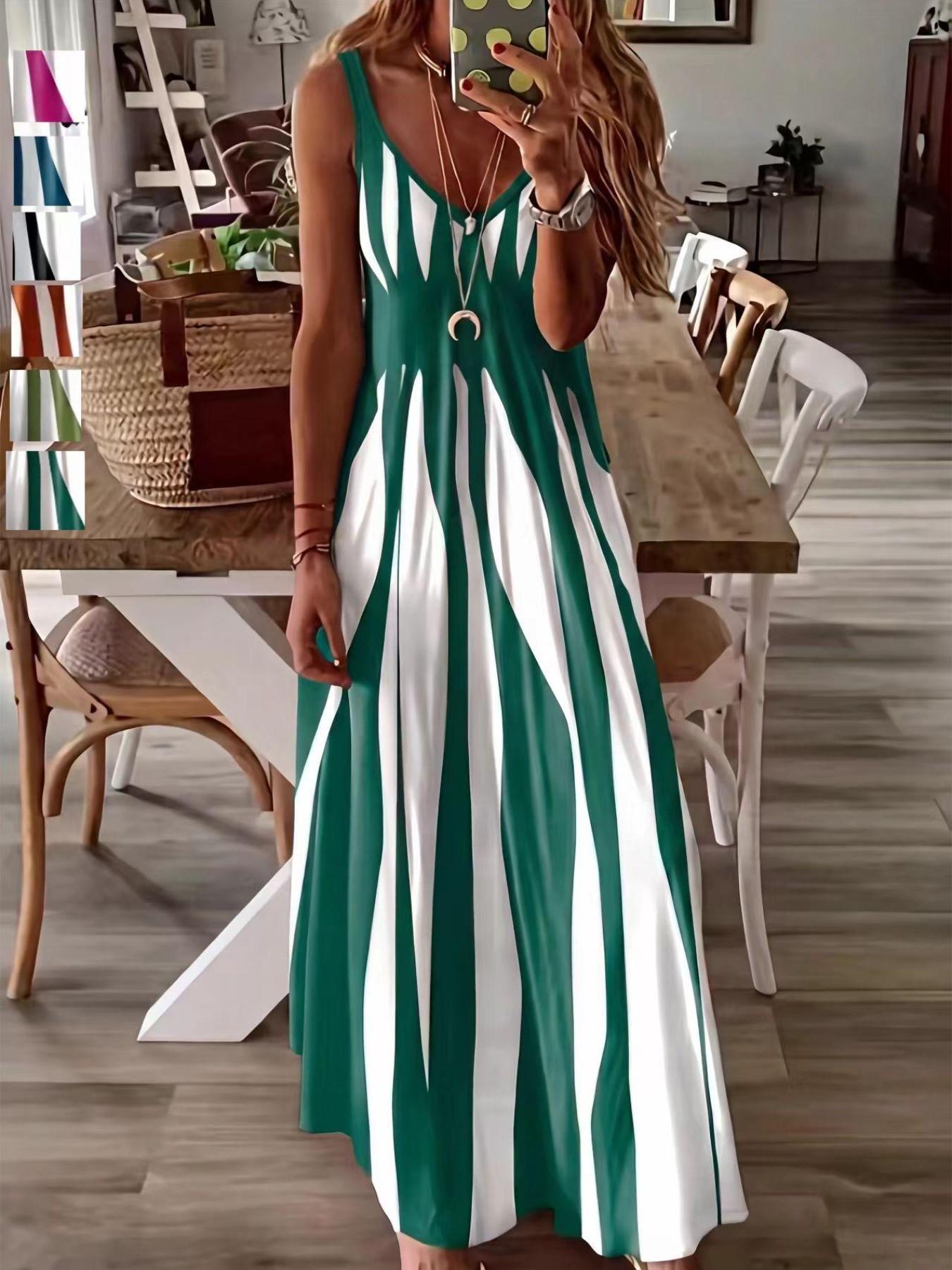 Summer New Arrival Women's Casual Sleeveless Striped V-Neck Long Dress, Casual Dresses, Casual Chic Dress, Sweet Style Elegance Loose-Fitting Daily Wear, Perfect for Outdoor Activities