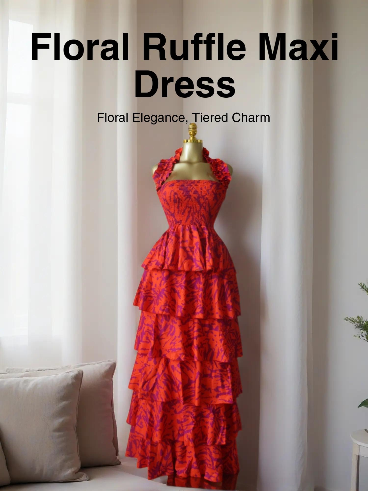 QFAF Women's Halter Neck, Floral Print Layered Ruffle Smock Maxi Dress, Floral Design Dress, Party Vacation Clothes, Sexy Style, Bohemian, Cacading Ruffles Gown A-line Dresses