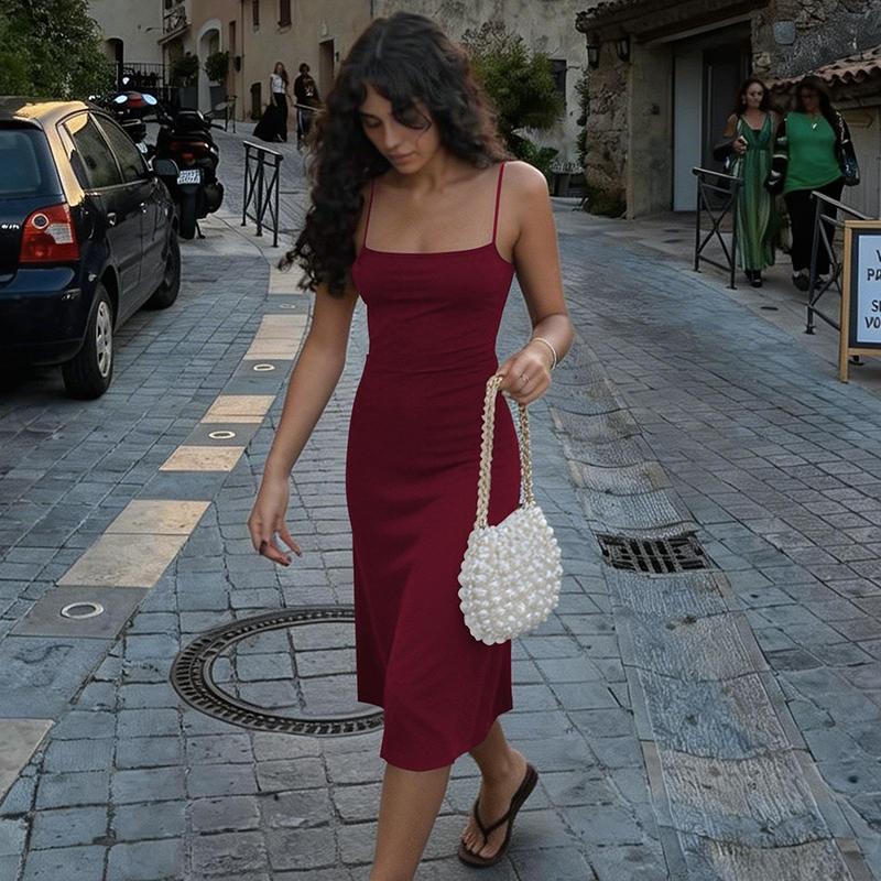 Women's Basic Solid Color Bodycon Slip Dress, Sleeveless Backless Spaghetti Straps Plain Slim Fit Midi Dress, Party Club Date Holiday Daily Casual Elegant Dresses For Ladies All Seasons Summer Fashion Clothes Wear