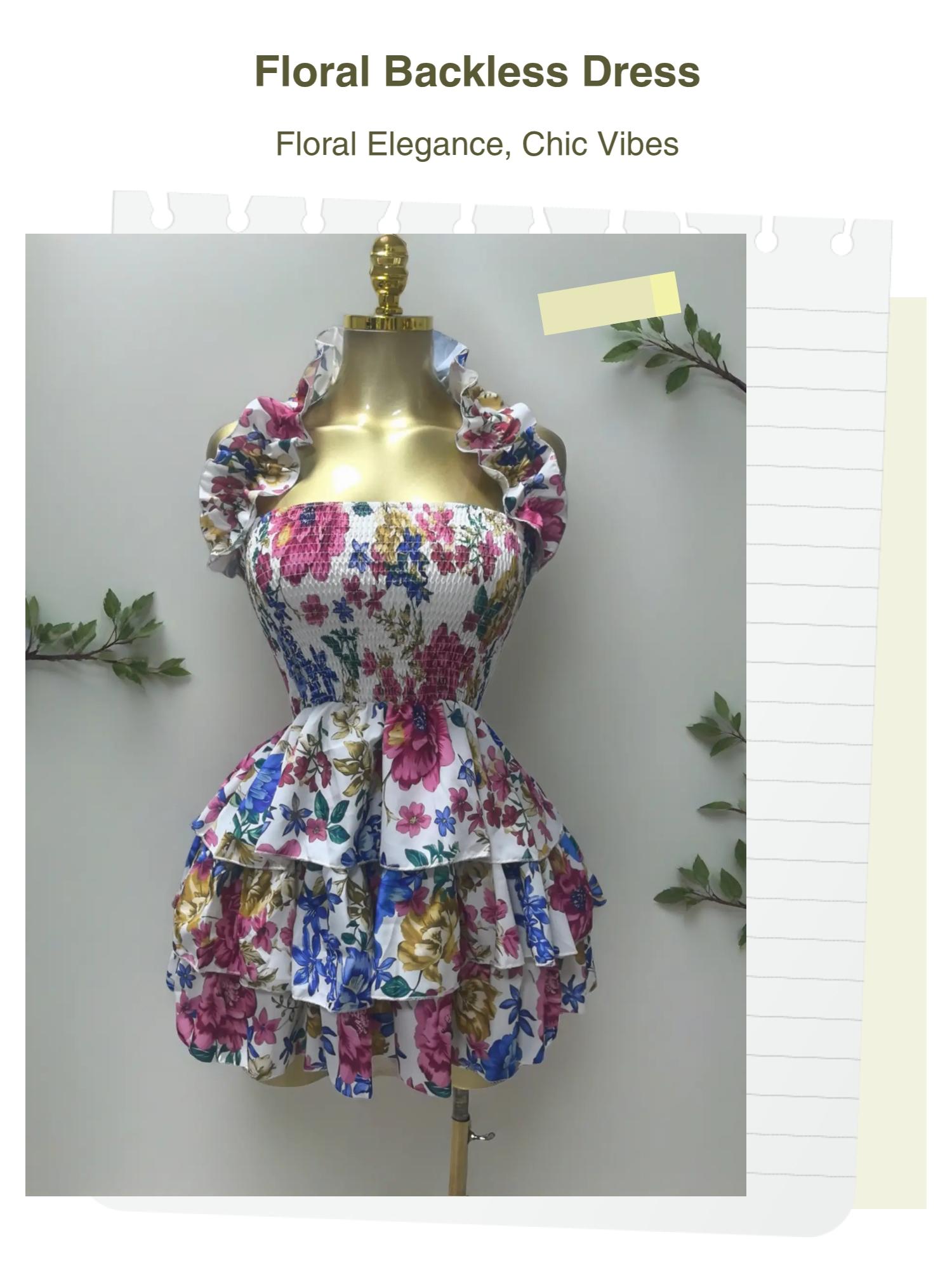 PULKRITU Elegant Women's Floral Print Backless Strapless Layered Ruffle Mini Dress, Casual Party Outfit, Perfect for Club, Brunch, Graduation & Evening Events