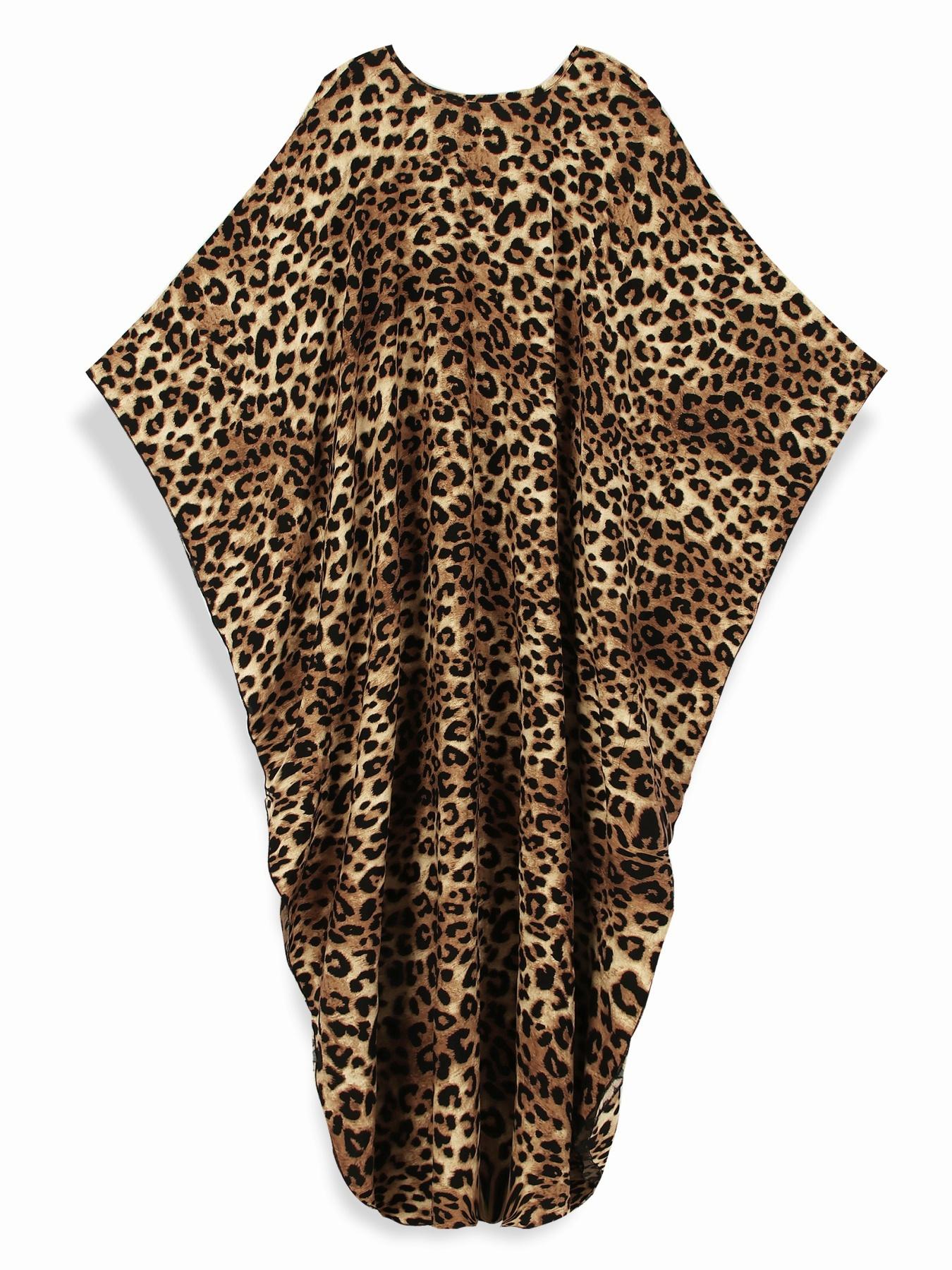 Women's Leopard Print Batwing Sleeve Split Hem Kaftan Dress, Casual Modest Style V-Neck 3/4 Sleeve Long Dress for Fall & Winter, Women's Islamic Clothing for Daily Wear Women's Leopard Print Batwing Sleeve Split Hem Kaftan Dress, Casual Modest Style V-Neck 3/4 Sleeve Long Dress for Fall & Winter, Women's Islamic Clothing for Daily Wear