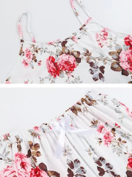 【Plus Size】 Three-Piece Set Floral Print Belted Lounge Robe & Cami Top & Elastic Waist Pants Pyjama Set, Elegant Comfy Drop Shoulder Long Sleeve Robe & Sleeveless Top & Bow Decor Trousers PJ Set, Women's Sleepwear for Spring & Fall, Pajamas