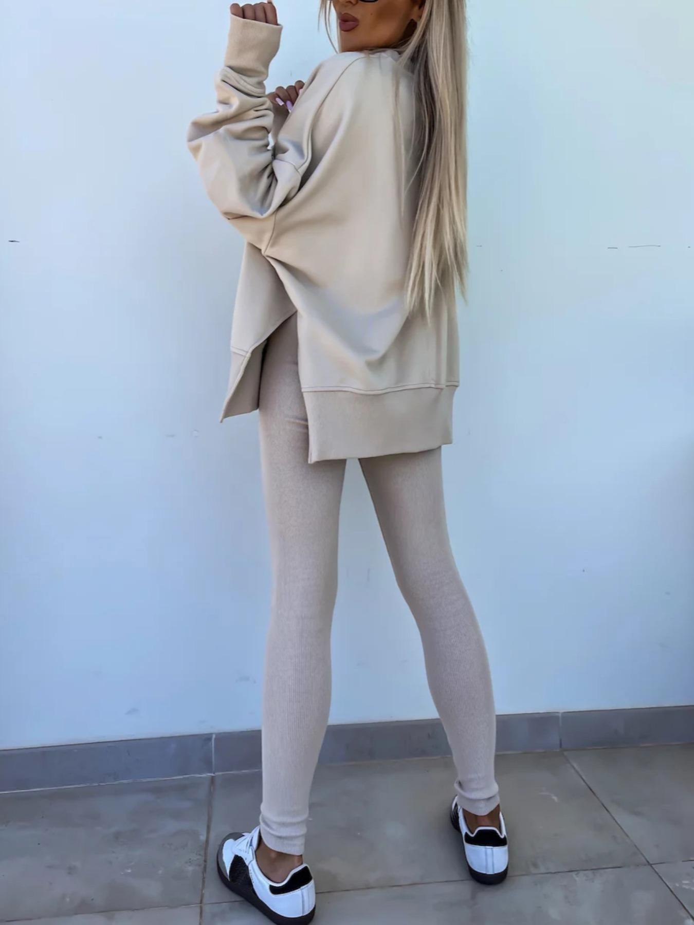 Women's Plain Drop Shoulder Baggy Sweatshirt Outfit Set, Everyday Casual Fashion Comfortable Long Sleeve Pullover, Elastic Waist Pants, Spring & Fall