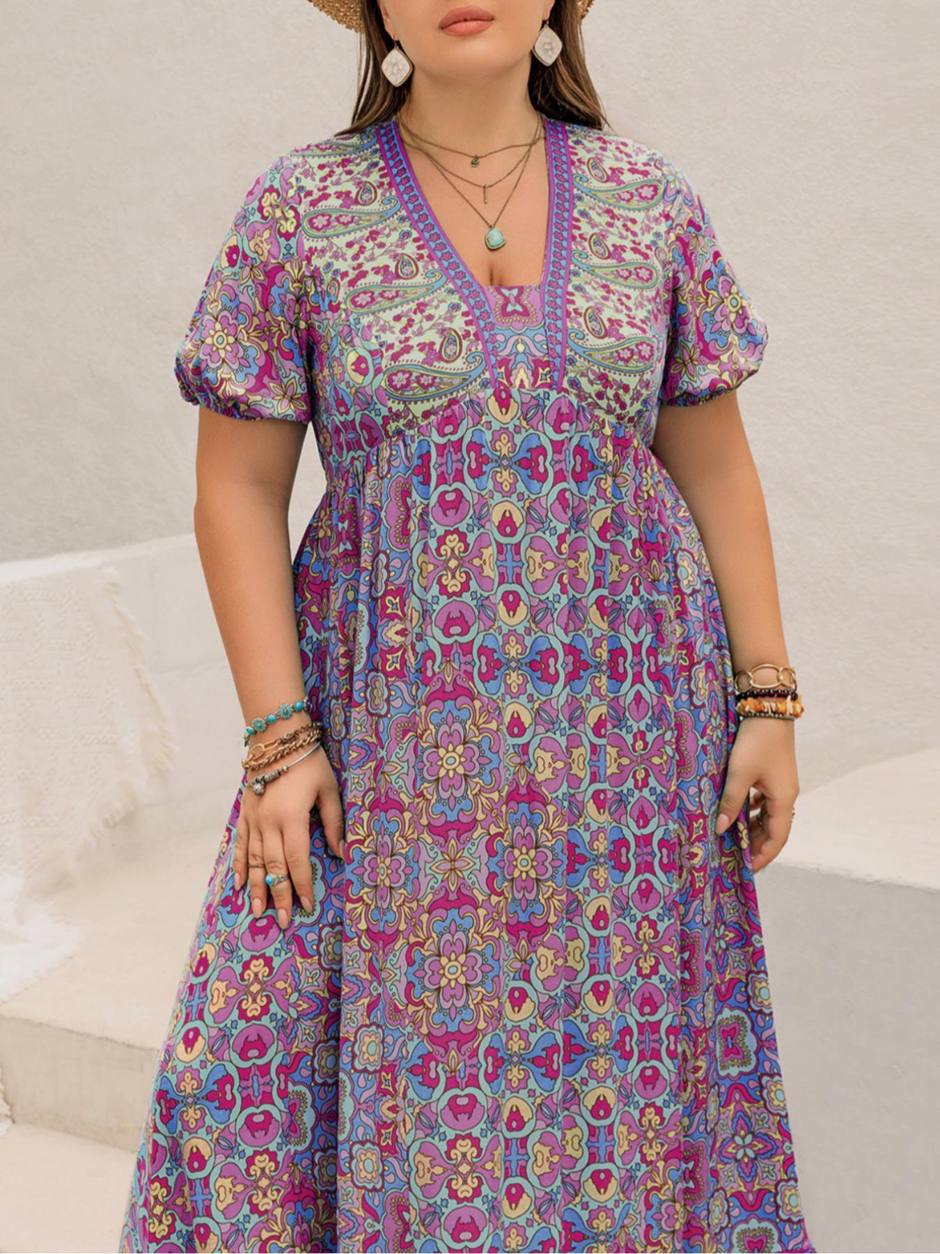 【Plus Size】 Floral Print Short Sleeve Dress, Boho Fashion Casual Dress for Beach Holiday Vacation, Women's Plus Clothing for Summer, Bohemian, Bohemian Casual Wear, Boho Summer Outfit
