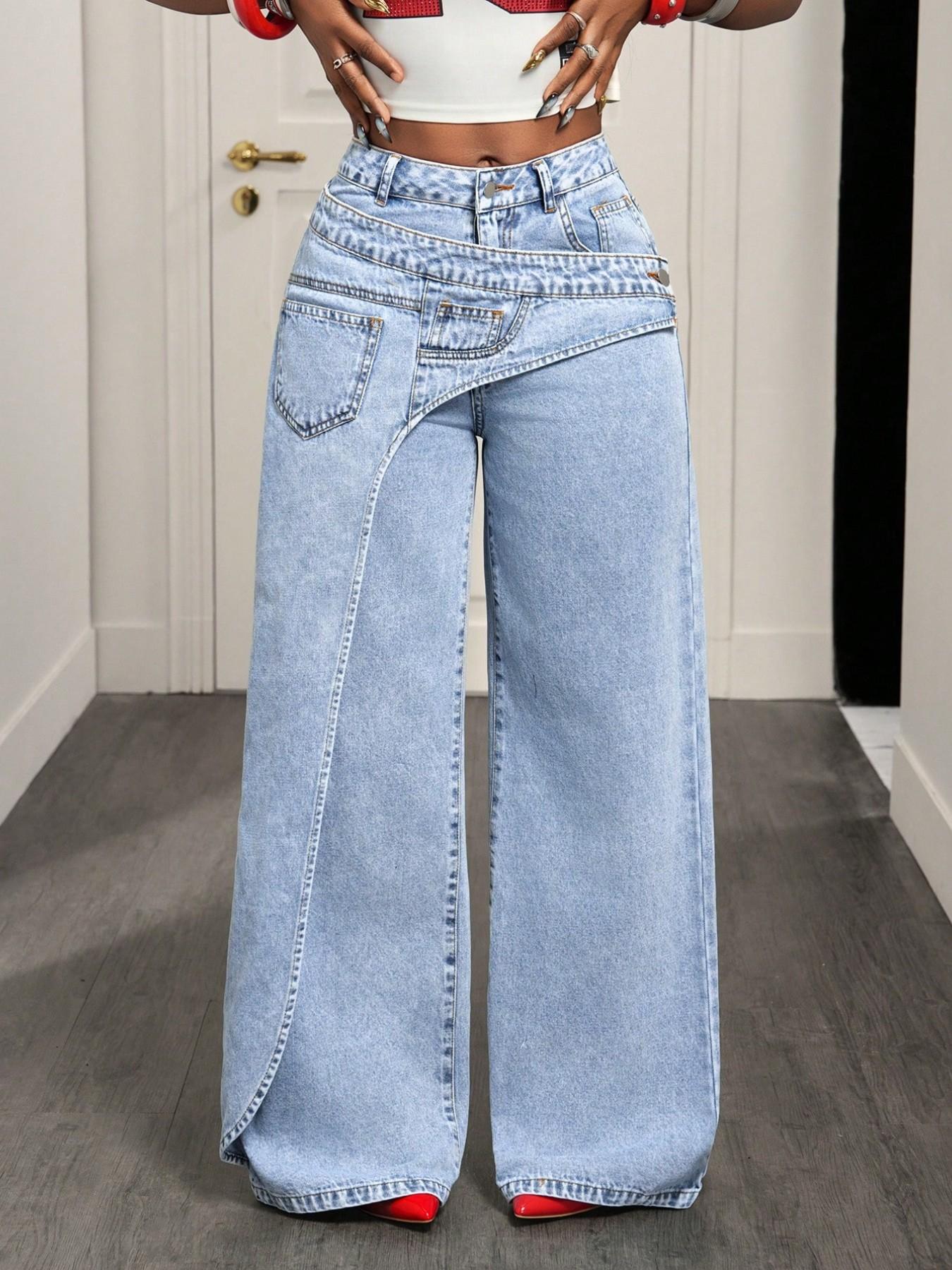 Women's Casual Denim Long Pants, Elegant Plain Pattern, Loose-Fitting, All-Season Fashion, Trendy Asymmetrical Design, Jeans