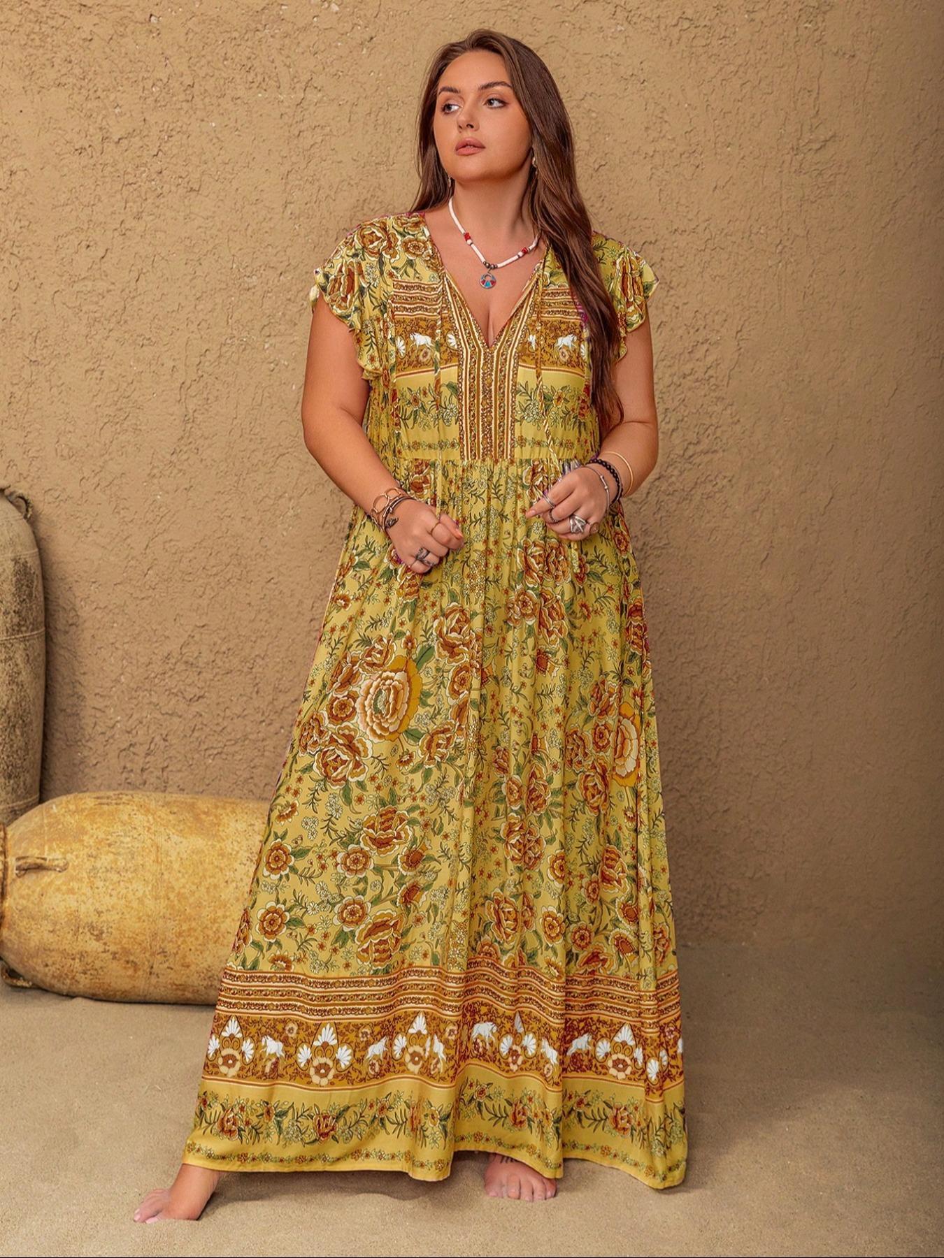 Plus Size Floral Print V-Neck Maxi Dress, Boho Fashion Casual Short Sleeve Dress for Daily Vacation Wear, Women's Clothing for All Seasons, Bohemian Sundress