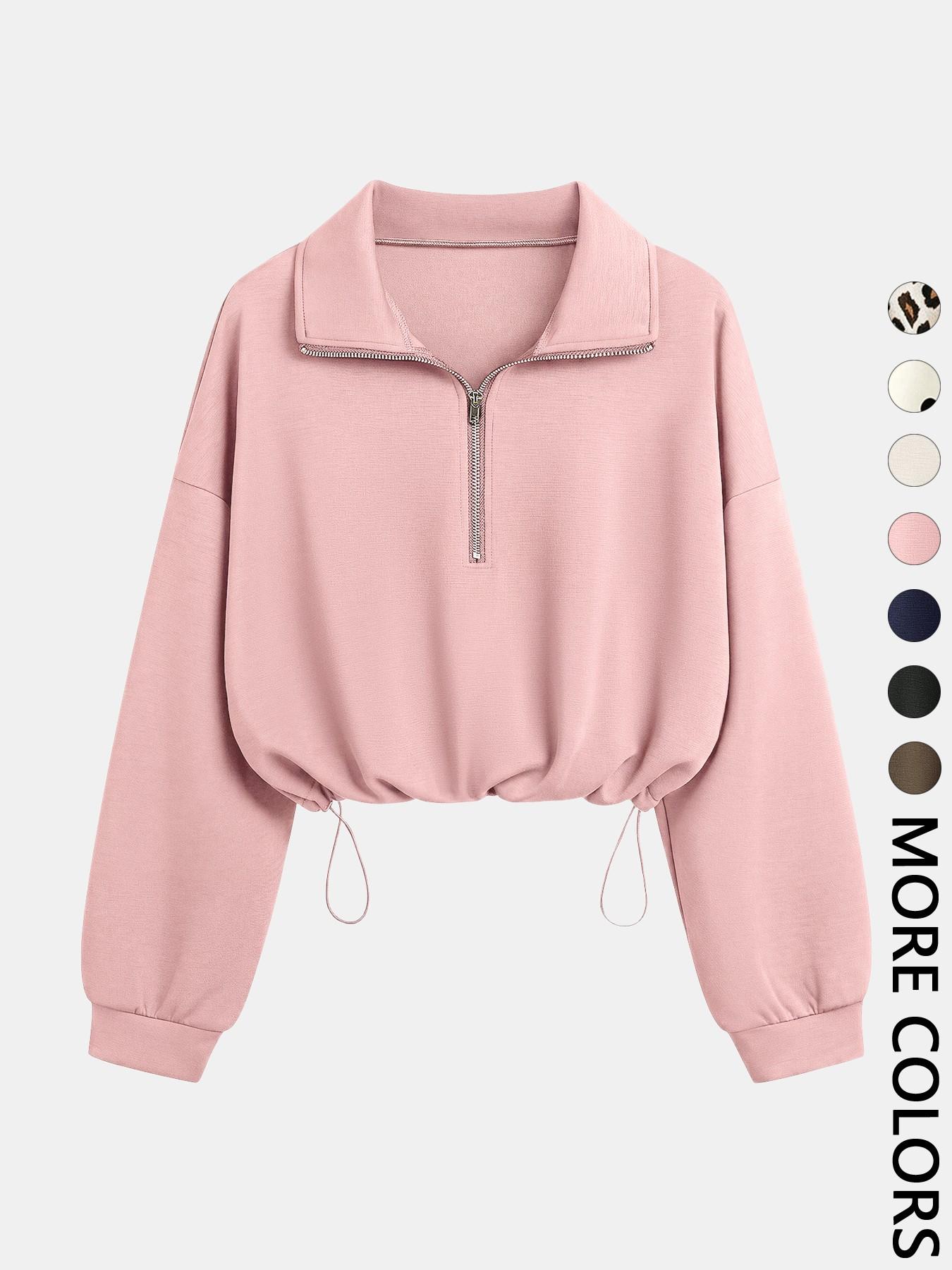 Women's Half-Zip Stand Collar Drawstring Adjustable Short Sweatshirt, Spring & Fall Casual Fashion, Comfortable and Stylish