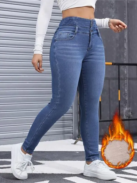 Women's High Elasticity Fleece Lined Thick Denim Jeans, Fall & Winter Fashion, Comfortable Slimming Jeans, Elegant Style