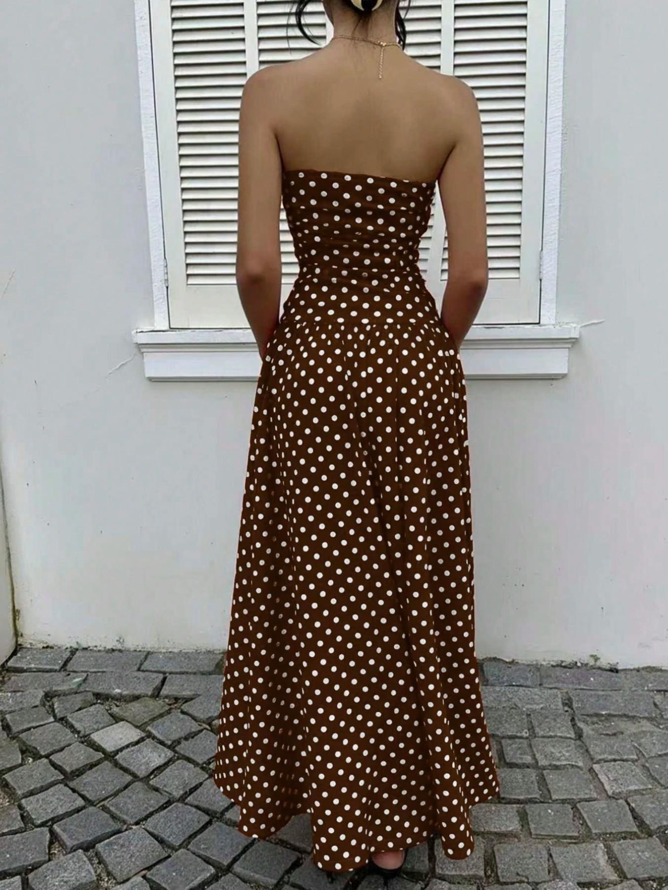 Women's Elegant Chic Fashion Polka Dot Strapless Dress, Stylish Sleeveless Maxi Dress for Parties and Casual Wear Womenswear, Elegant Evening Dress Women's Elegant Chic Fashion Polka Dot Strapless Dress, Stylish Sleeveless Maxi Dress for Parties and Casual Wear Womenswear, Elegant Evening Dress