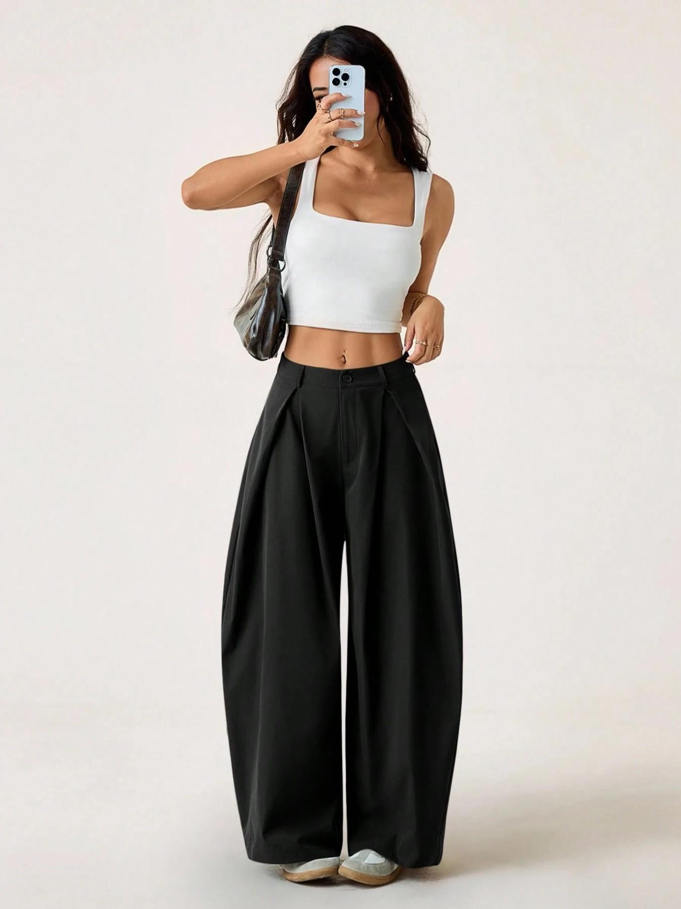 Women's Vintage Casual Street Style Loose Fit Pants, Elastic Waist Wide Leg Trousers, Retro Fashion Bottoms for Daily Wear Women's Vintage Casual Street Style Loose Fit Pants, Elastic Waist Wide Leg Trousers, Retro Fashion Bottoms for Daily Wear