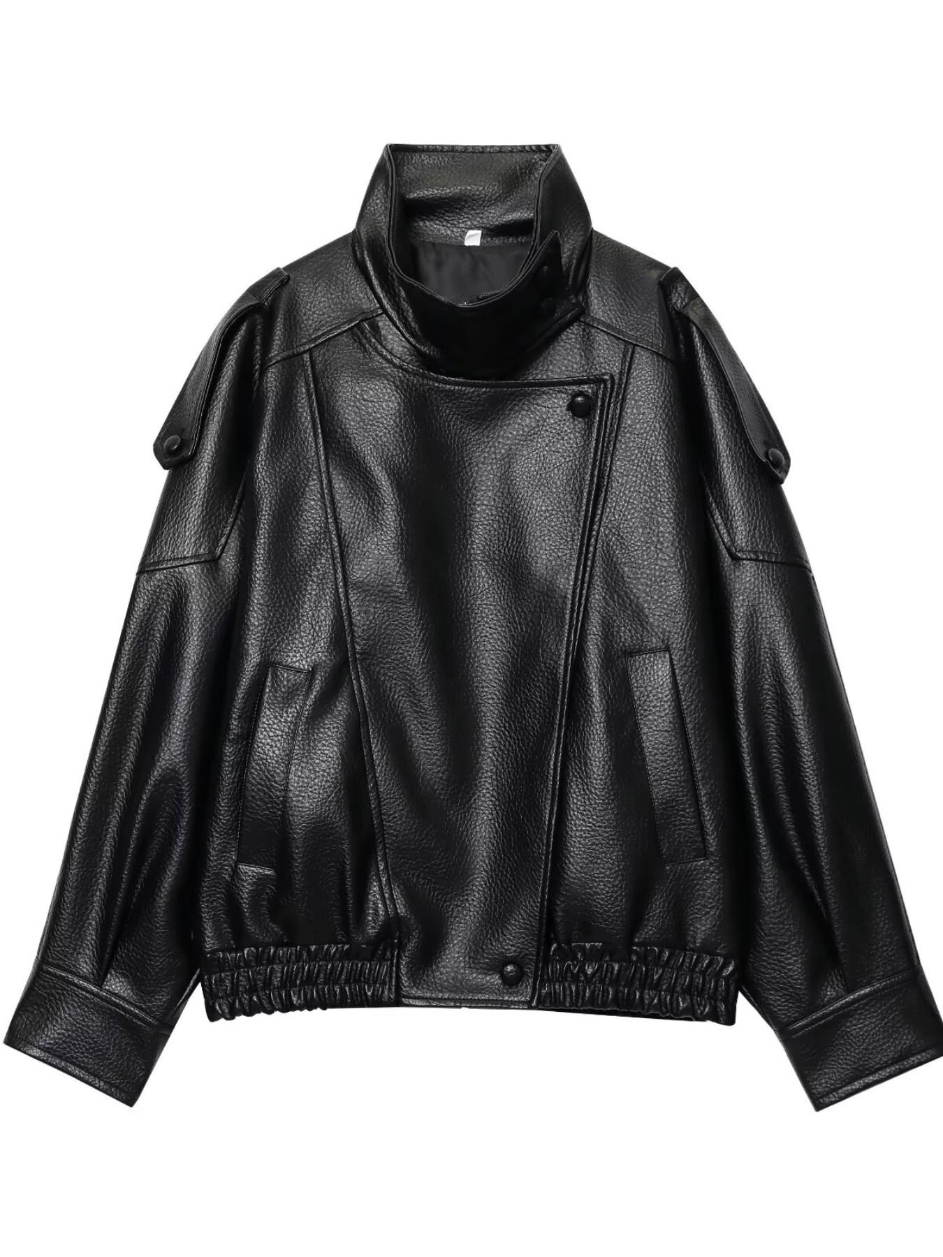 Spring/Autumn New Women's Loose Oversized European And American Style Fashion Minimalist Versatile Jacket Premium Faux Leather Coat Black
