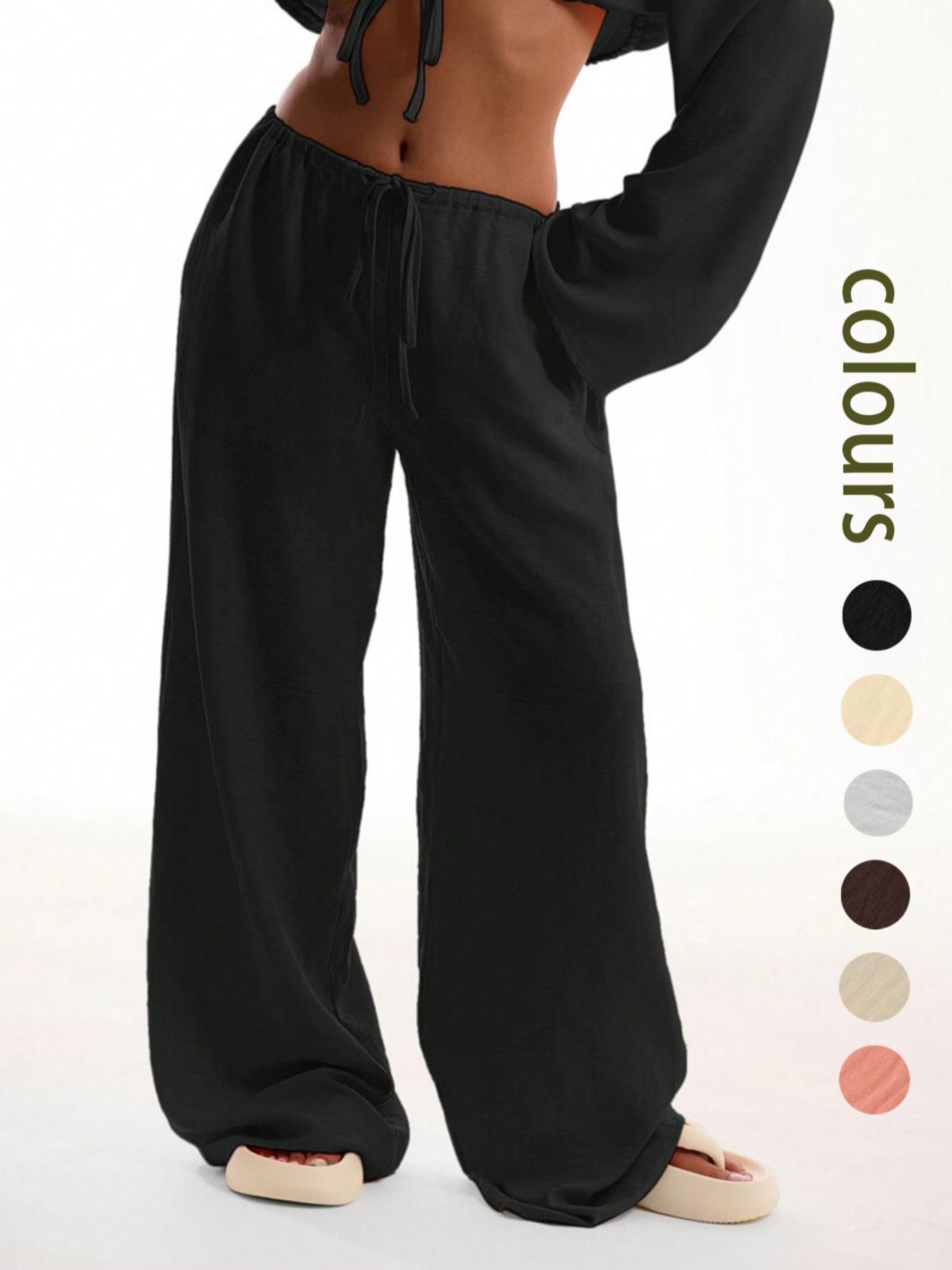Women's Solid Pocket Pants, Casual Comfy Woven Fabric Wide Leg Trousers for Beach Vacation Holiday, Ladies Bottoms for All Seasons, Baggy Legged Pants