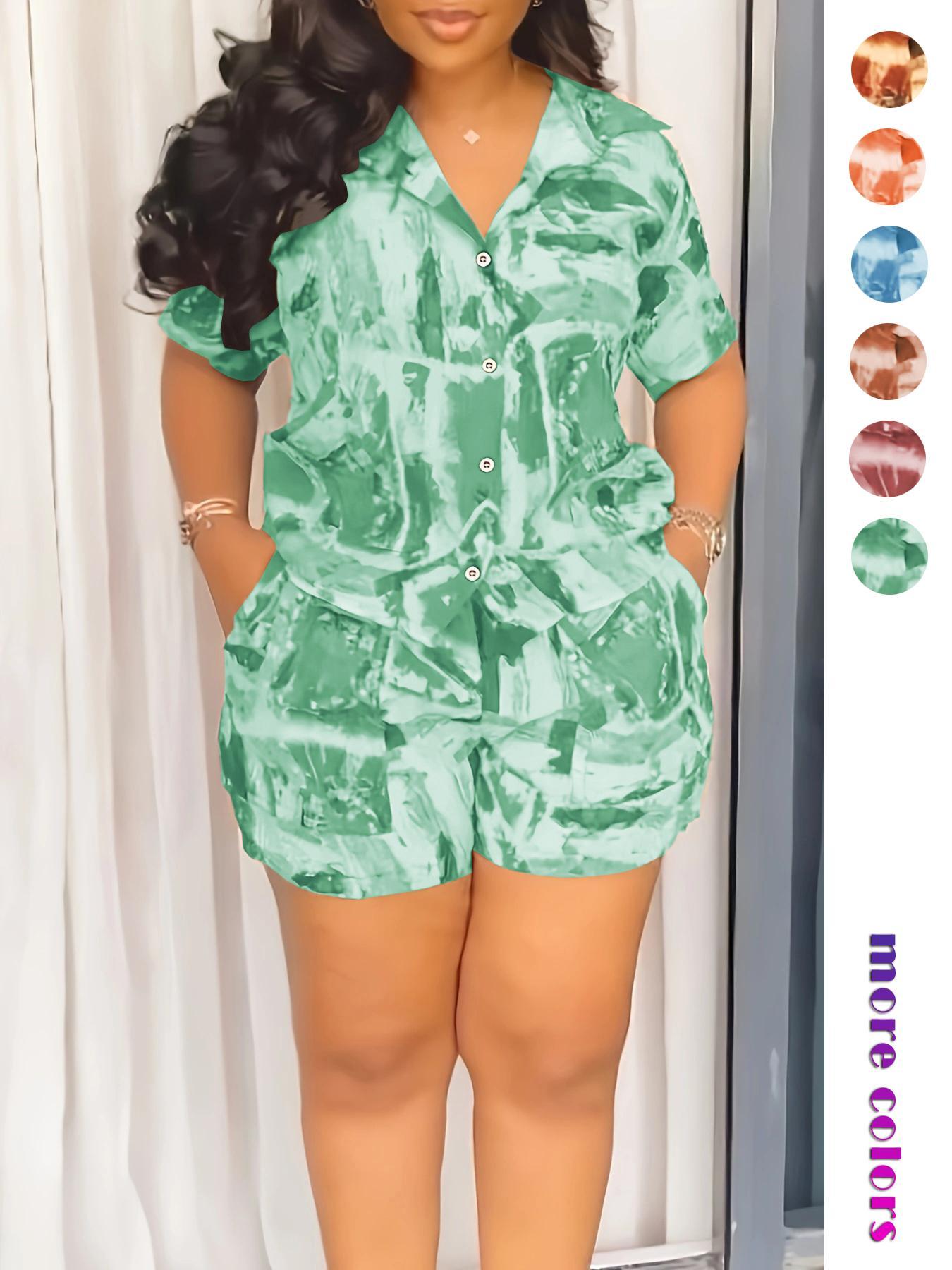 Two-piece Set Women's All Over Print Short Sleeve Shirt & Shorts, Casual Button Up Top & Shorts for Daily Wear, Ladies Summer Clothes, Fashion Clothes Set Two-piece Set Women's All Over Print Short Sleeve Shirt & Shorts, Casual Button Up Top & Shorts for Daily Wear, Ladies Summer Clothes, Fashion Clothes Set