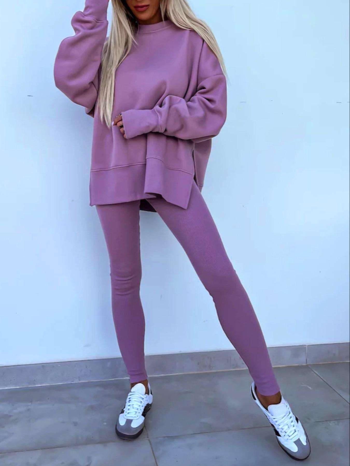 Women's Plain Drop Shoulder Baggy Sweatshirt Outfit Set, Everyday Casual Fashion Comfortable Long Sleeve Pullover, Elastic Waist Pants, Spring & Fall