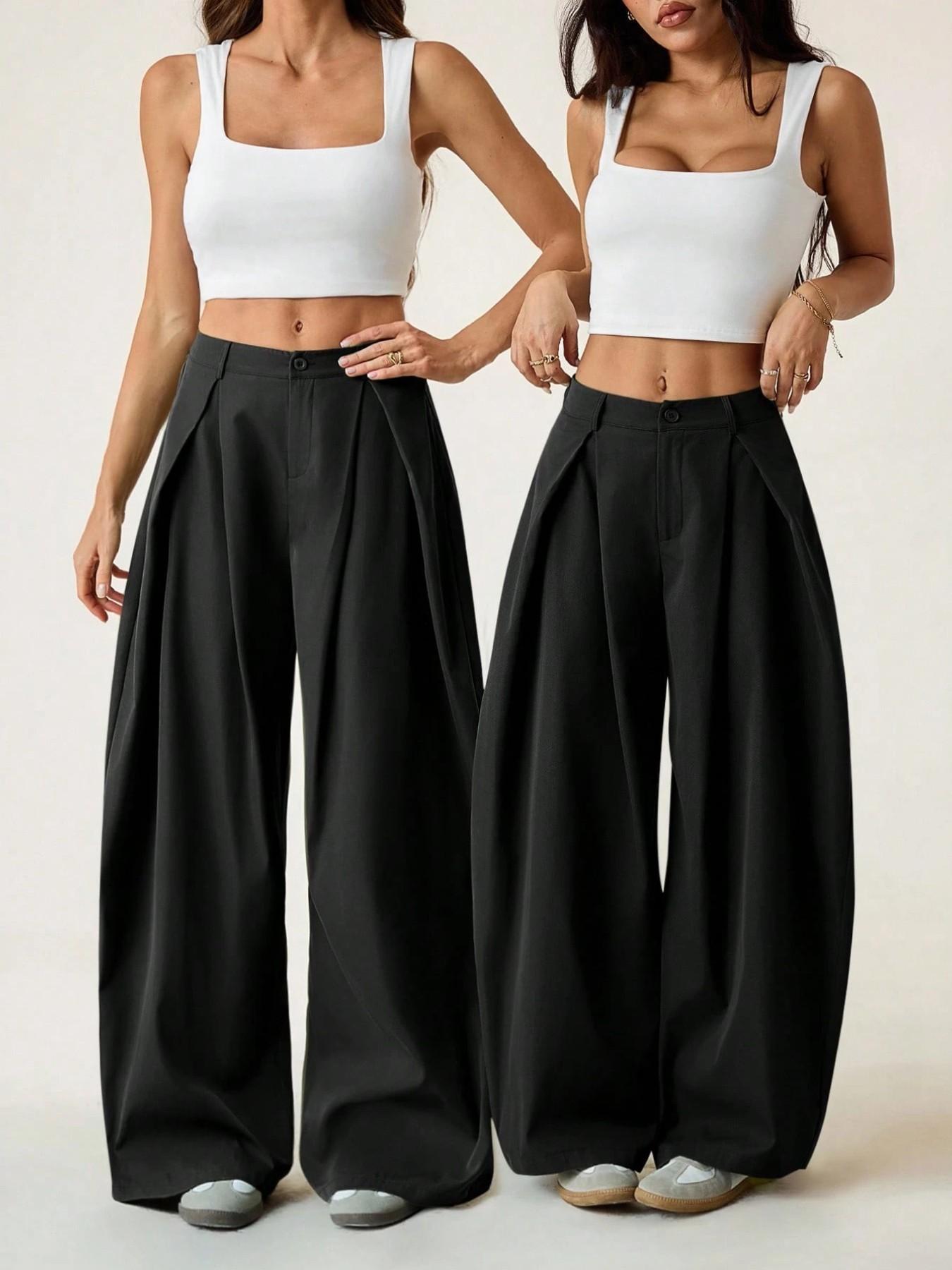 Women's Vintage Casual Street Style Loose Fit Pants, Elastic Waist Wide Leg Trousers, Retro Fashion Bottoms for Daily Wear Women's Vintage Casual Street Style Loose Fit Pants, Elastic Waist Wide Leg Trousers, Retro Fashion Bottoms for Daily Wear