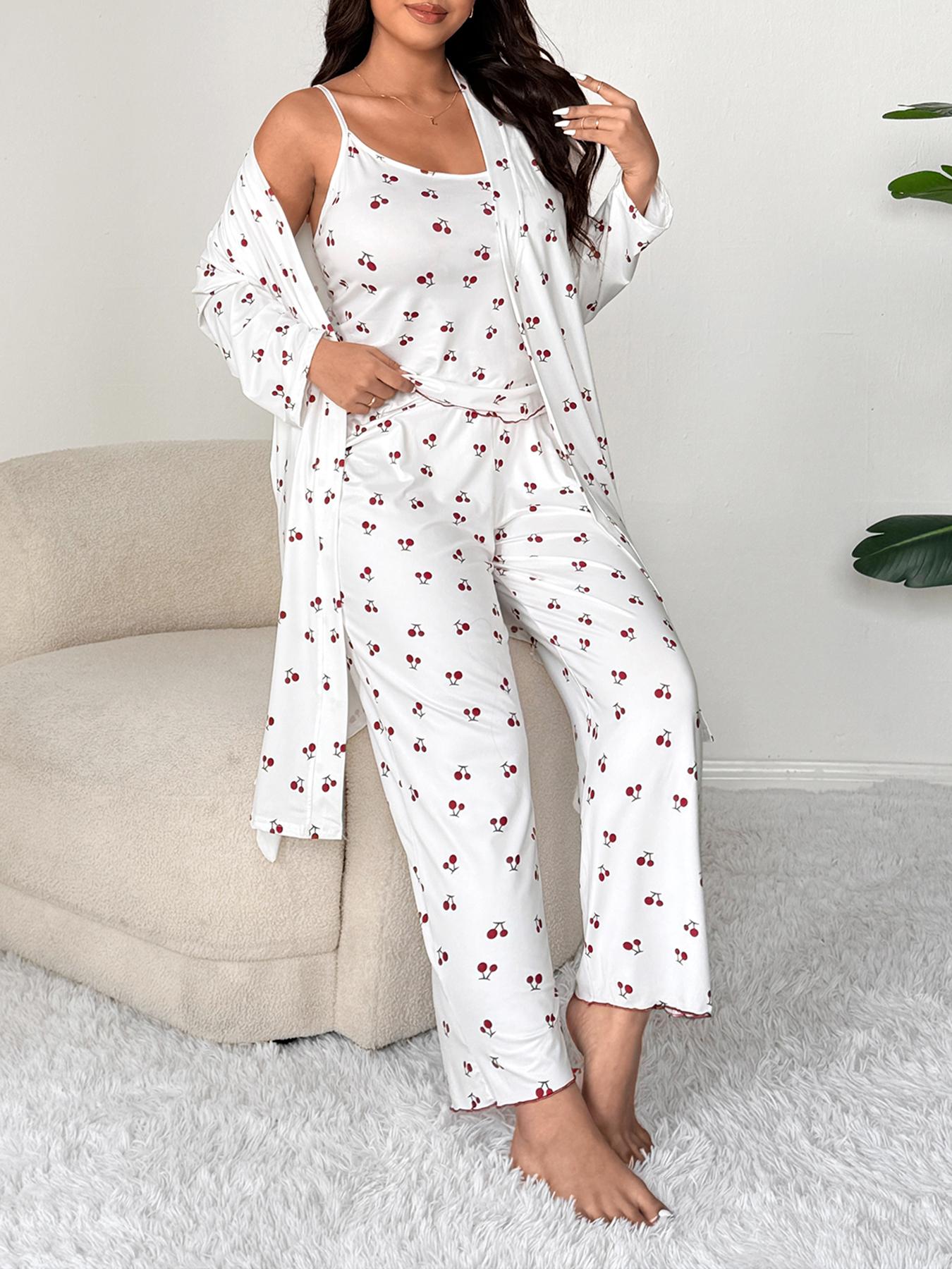 Plus Size Cherry Print Women's Sweet Comfortable Belted Robe & Sleeveless Long Pants & Cami Set, Three-Piece Pajama Sleepwear, Casual Home Wear