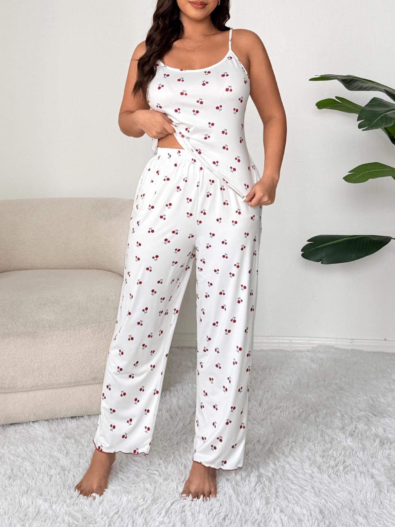 Plus Size Cherry Print Women's Sweet Comfortable Belted Robe & Sleeveless Long Pants & Cami Set, Three-Piece Pajama Sleepwear, Casual Home Wear