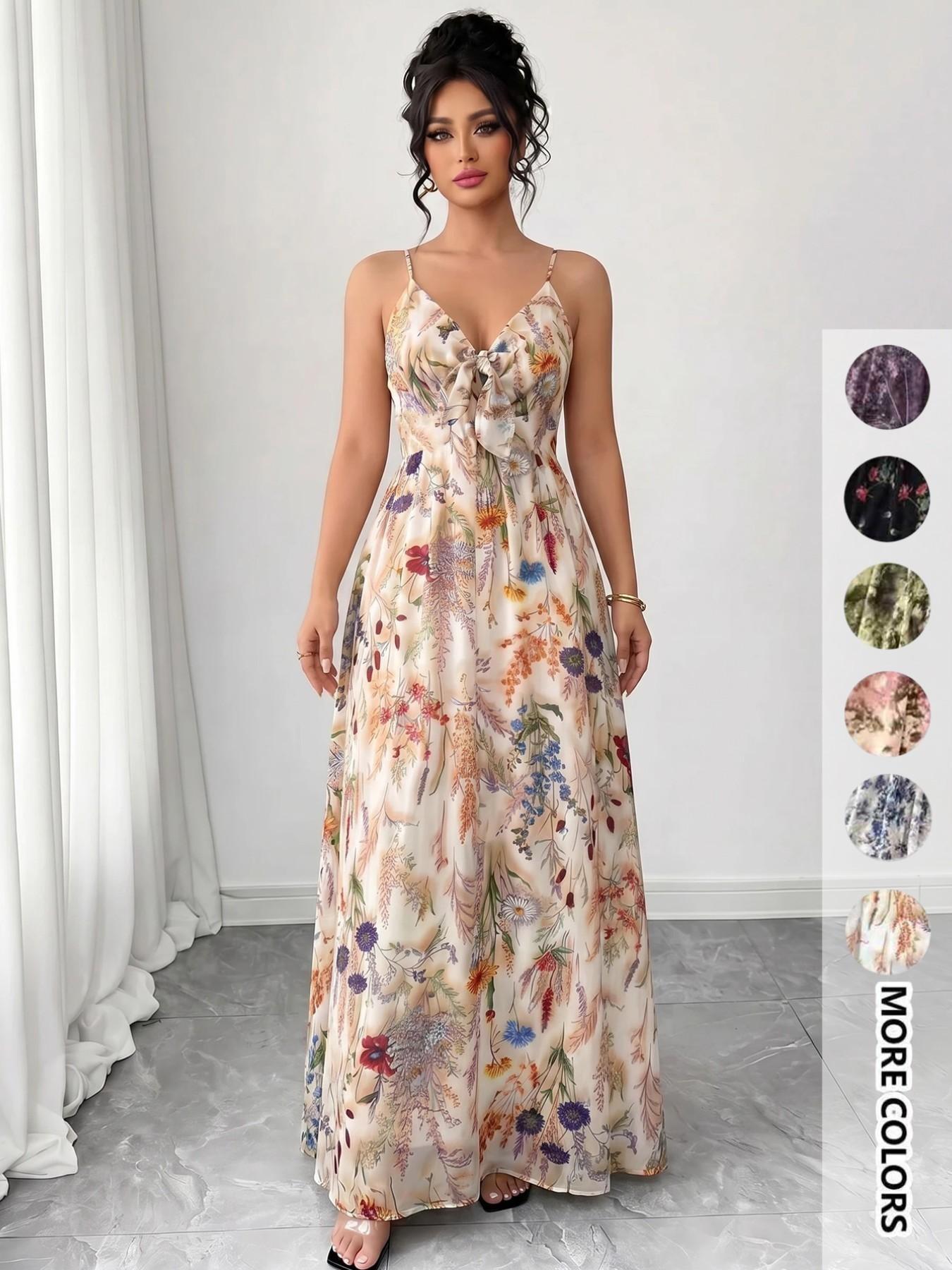 Women's Floral Print Cami Dress, Boho Fashion Casual A Line Dress for Beach Holiday Vacation, Ladies Dress for Summer Women's Floral Print Cami Dress, Boho Fashion Casual A Line Dress for Beach Holiday Vacation, Ladies Dress for Summer