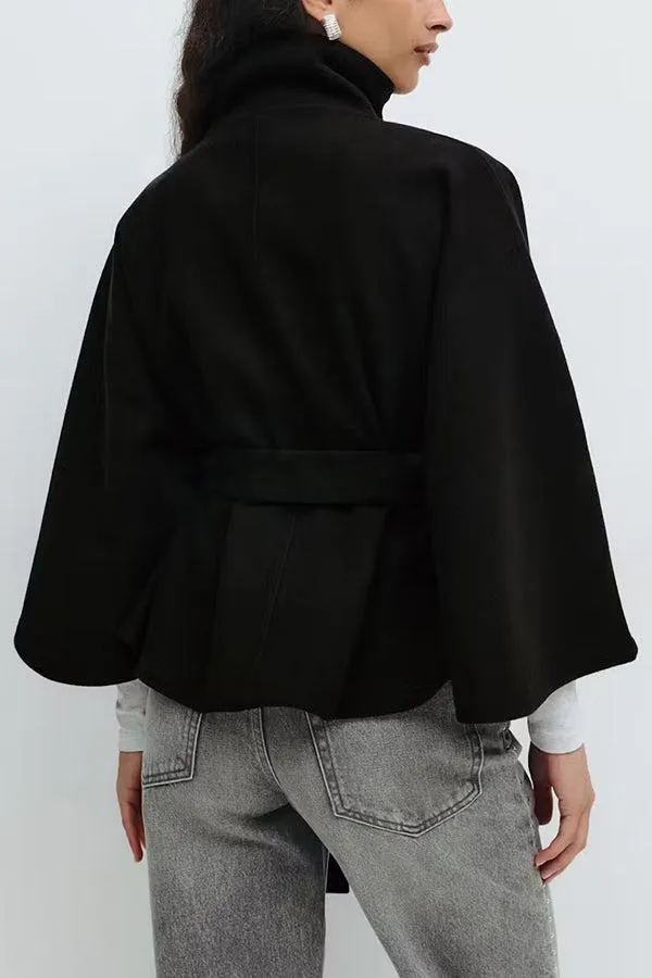 Women's Plain Front Buckle Belted Woolen Cape Coat, Casual Fall & Winter Outerwear, Stylish Daily Wear for Dating, Jackets