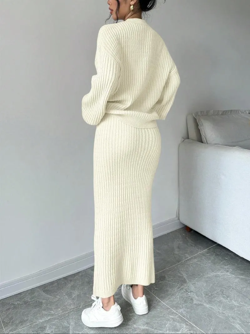Women's Solid Button Front Sweater & Long Skirt Two-piece Set, Casual Drop Shoulder Long Sleeve Knit Top & High Waist Skirt for Daily Outdoor Wear, Women's Knitwear for Fall & Winter Women's Solid Button Front Sweater & Long Skirt Two-piece Set, Casual Drop Shoulder Long Sleeve Knit Top & High Waist Skirt for Daily Outdoor Wear, Women's Knitwear for Fall & Winter