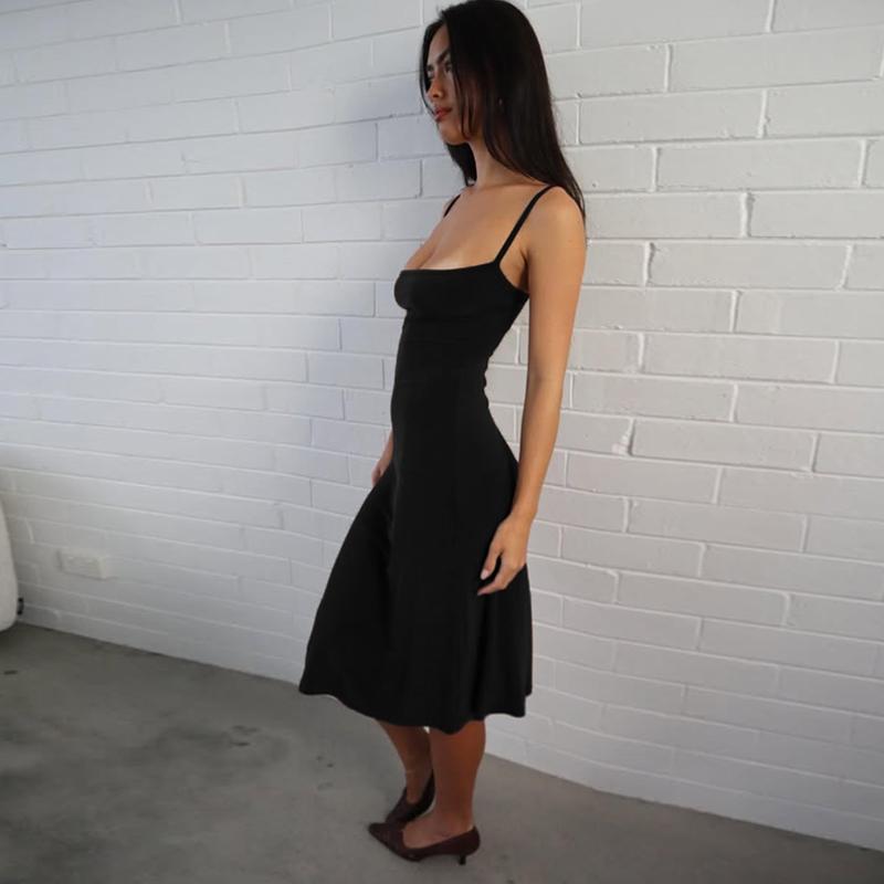 Women's Basic Solid Color Bodycon Slip Dress, Sleeveless Backless Spaghetti Straps Plain Slim Fit Midi Dress, Party Club Date Holiday Daily Casual Elegant Dresses For Ladies All Seasons Summer Fashion Clothes Wear