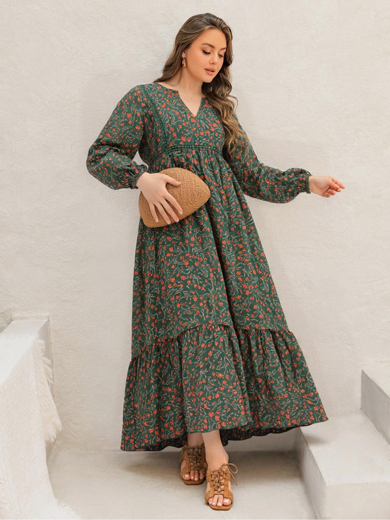 Plus Size Women's Floral Woven Dress, Fall Winter V Neck Tie Back Lace Trim Long Sleeve Maxi Dress, Casual Elegant Fashion Plus Size Women's Floral Woven Dress, Fall Winter V Neck Tie Back Lace Trim Long Sleeve Maxi Dress, Casual Elegant Fashion