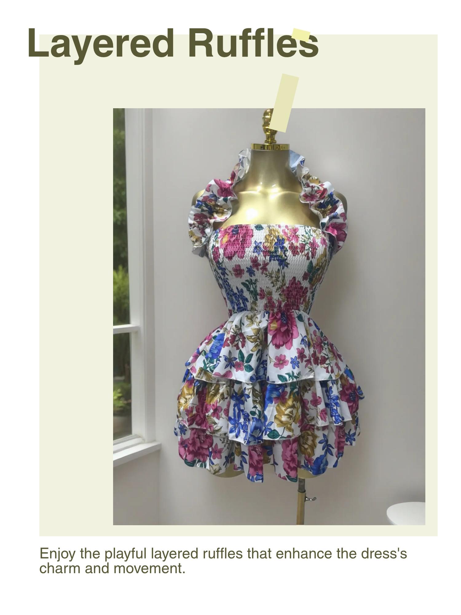 PULKRITU Elegant Women's Floral Print Backless Strapless Layered Ruffle Mini Dress, Casual Party Outfit, Perfect for Club, Brunch, Graduation & Evening Events