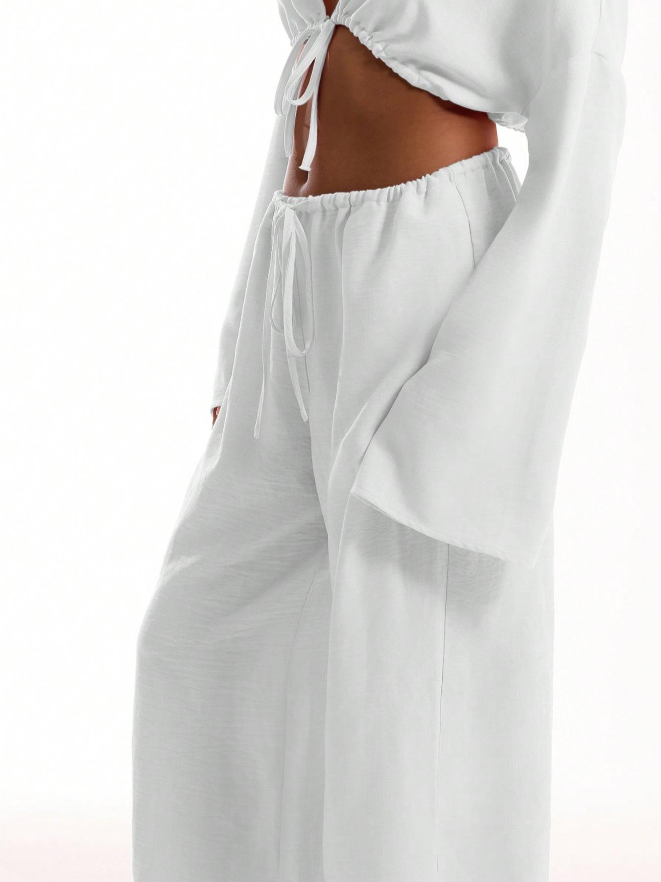 Women's Solid Pocket Pants, Casual Comfy Woven Fabric Wide Leg Trousers for Beach Vacation Holiday, Ladies Bottoms for All Seasons, Baggy Legged Pants