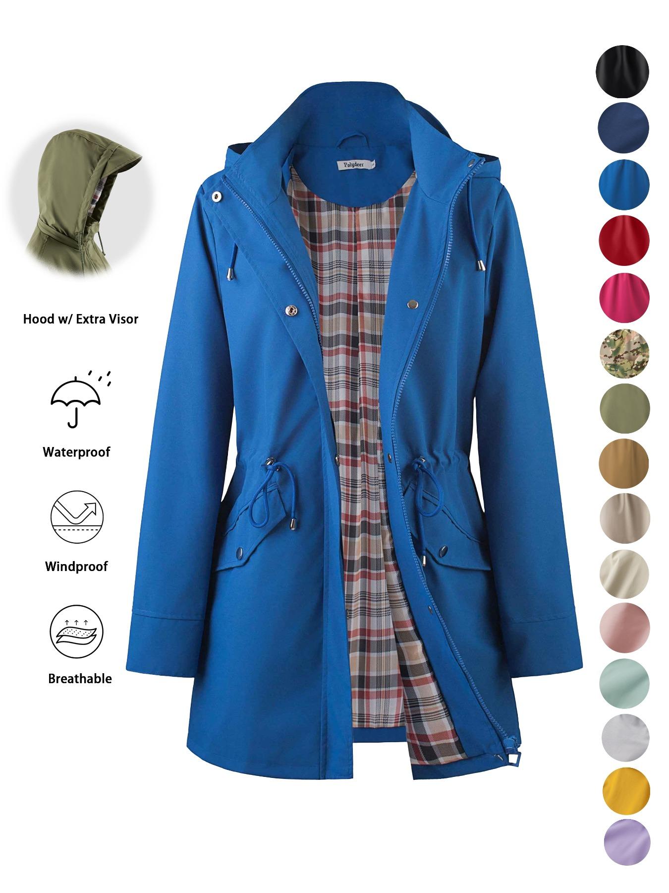 Women's Solid Color Drawstring Zip Up Hooded Trench Coat Raincoat, Casual Long Sleeve Waterproof Windproof Breathable Outerwear for Spring & Fall, Ladies Clothes for Daily Wear