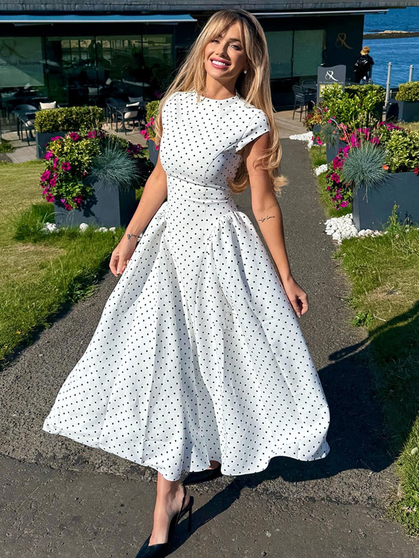 Boho Polka Dot Print A-Line O-Neck Maxi Dress, Elegant Summer Party Casual Long Dress for Women, Fashion Dress for Holiday