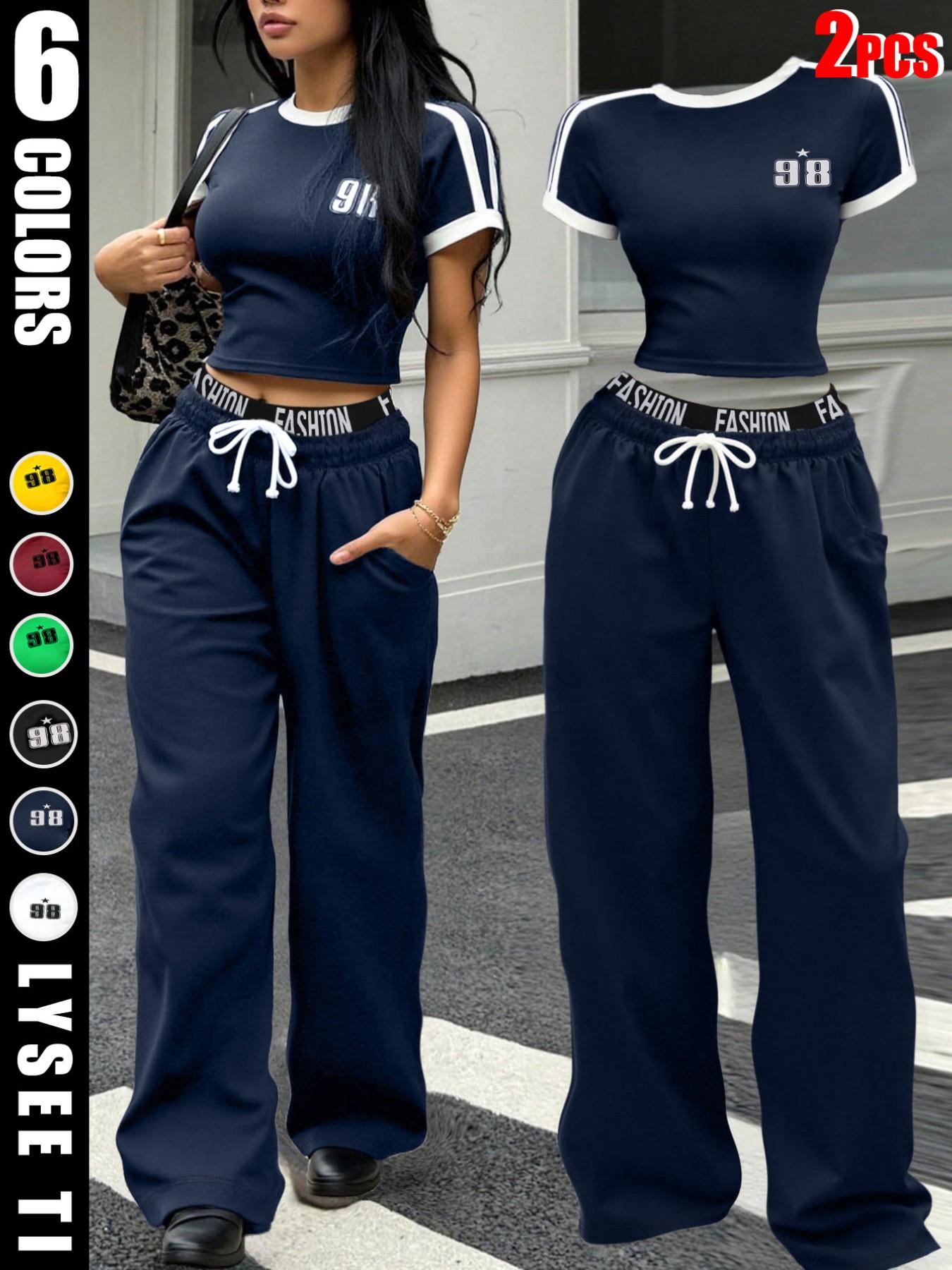 Hot-girl Style Contrast Binding Short Top and Letter Tape Wide Leg Pants, Women's Black & White Two-piece Set Hot-girl Style Contrast Binding Short Top and Letter Tape Wide Leg Pants, Women's Black & White Two-piece Set