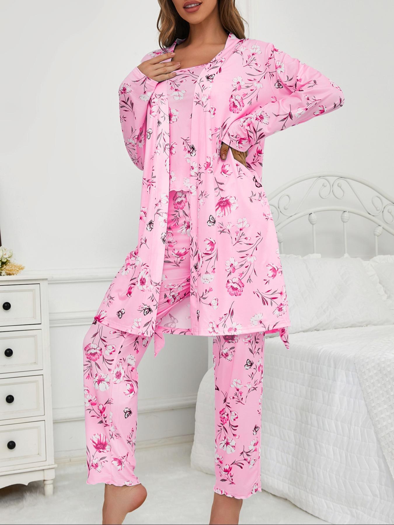 Three-Piece Set Women's Floral Butterfly Print Belted Long Sleeve Lounge Robe & Lettuce Trim Cami Top & Pants Pyjama Set, Casual Comfy Sleepwear & Loungewear for Women, Ladies Pajama Set for All Seasons, Summer Lounge Set
