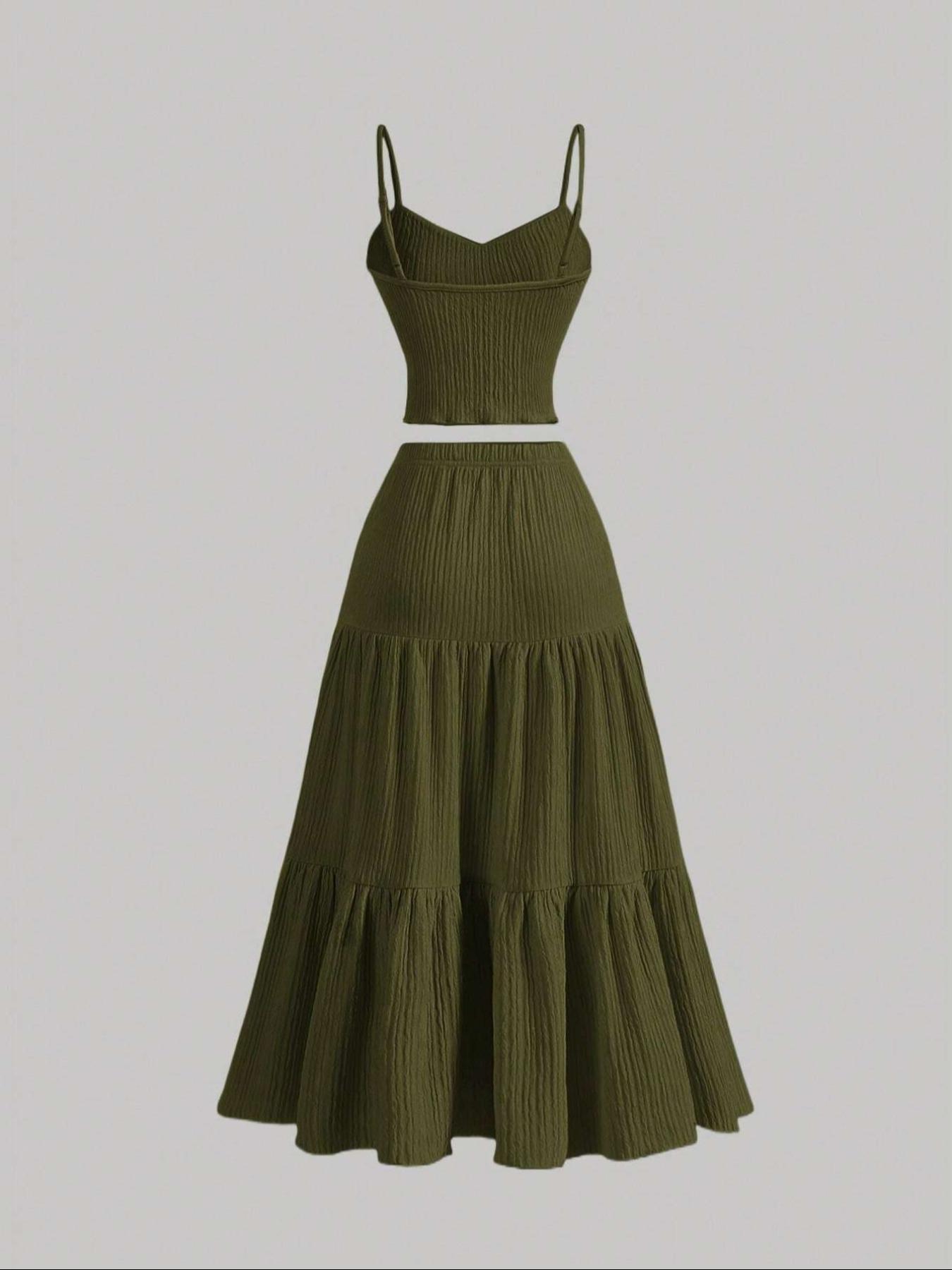 Women's Solid Woven Crop Cami Top & Pleated A-line Skirt Two-piece Set Womenswear, Casual Fashion Cozy Two Piece Outfits for Daily Outdoor Wear, Ladies Clothes for Summer
