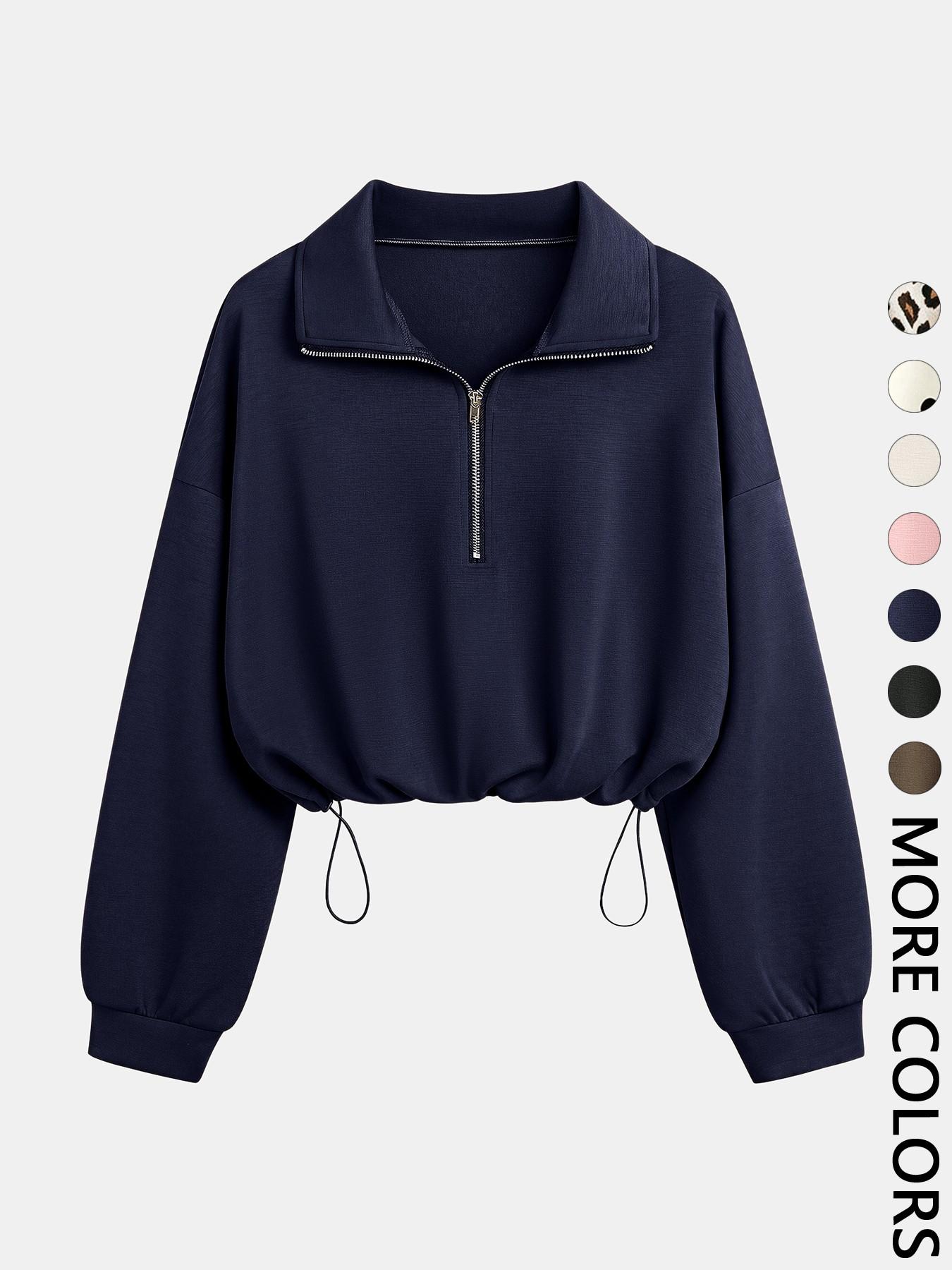Women's Half-Zip Stand Collar Drawstring Adjustable Short Sweatshirt, Spring & Fall Casual Fashion, Comfortable and Stylish
