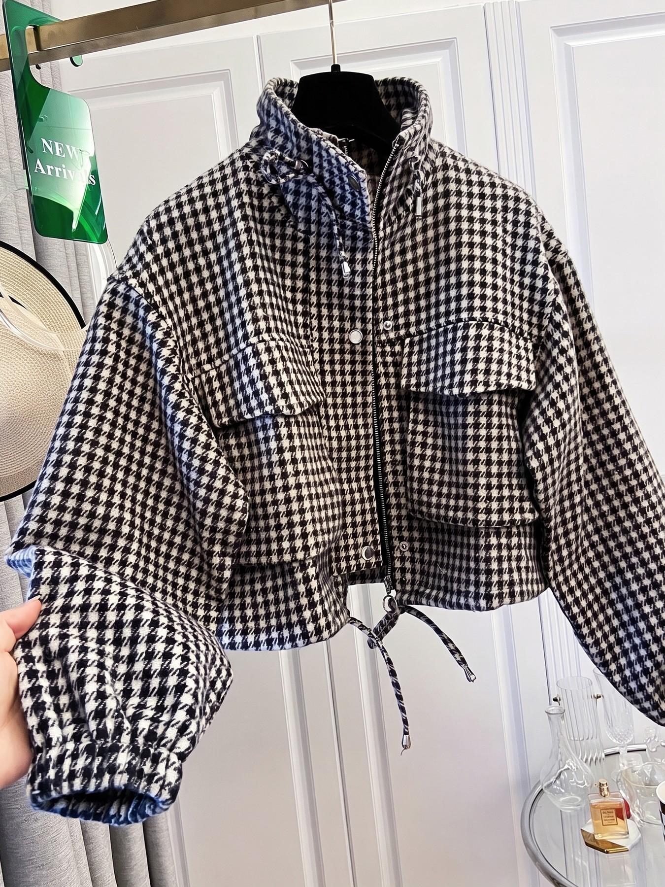 Women's Fashion Retro Plaid Stand Collar Short Coat, Drawstring Design, Zipper Front, Perfect for Fall Winter Daily Holiday Outing