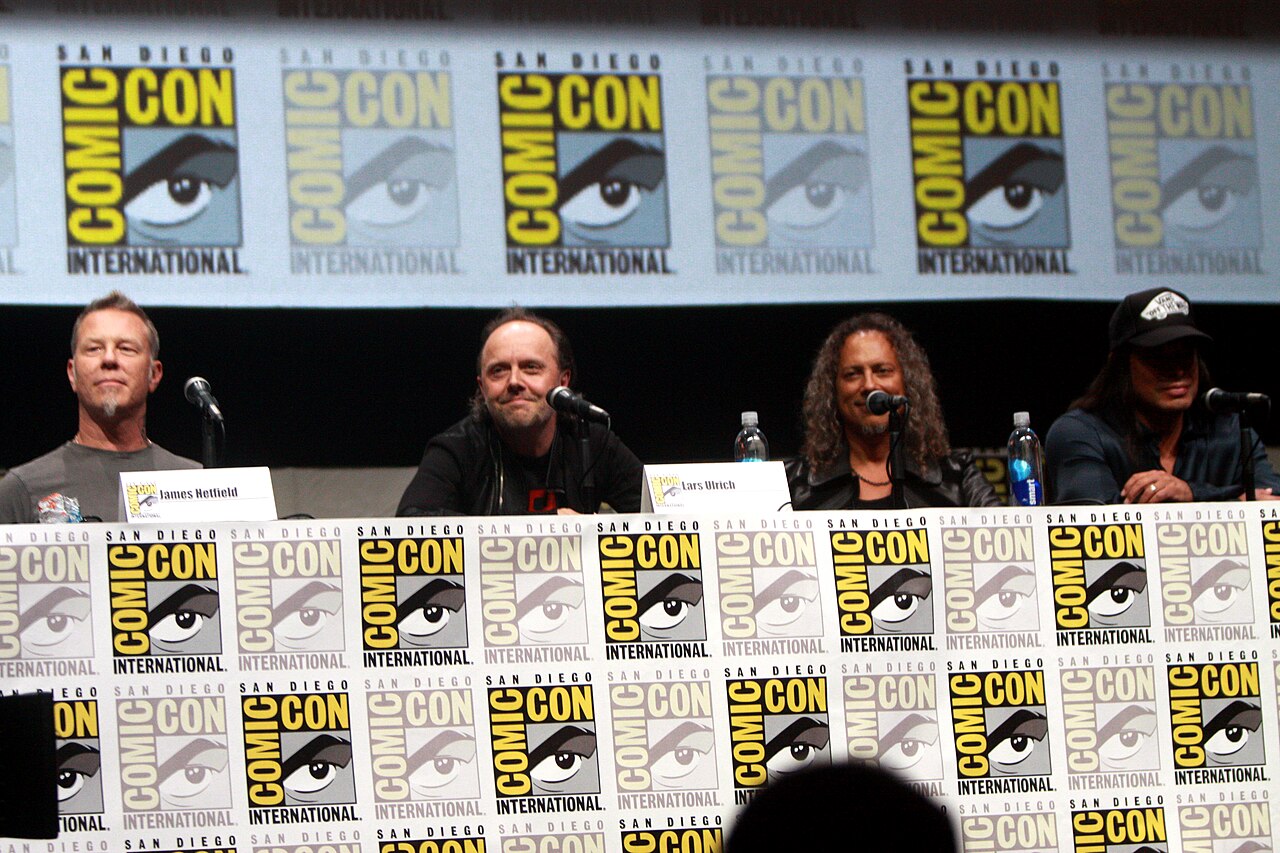 Metallica members at a public appearance in 2013: James Hetfield, Lars Ulrich, Kirk Hammett and Robert Trujillo