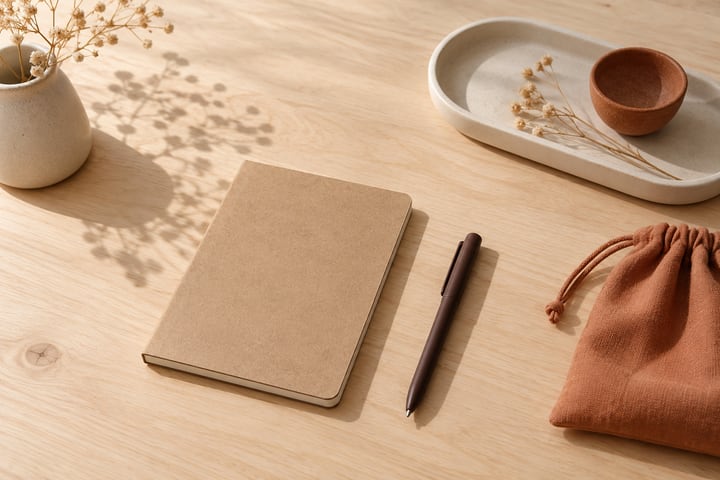 Plain notebook, cocoa pen, ivory tray and terracotta fabric pouch on a wood desk