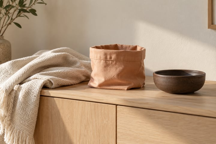 Cream cloth, peach fabric pouch and dark bowl on a pale cabinet