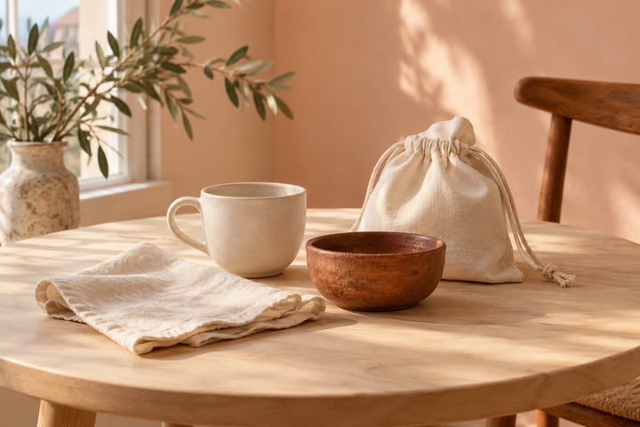 Ivory cup, rust-colored bowl, folded cloth and canvas pouch on a round wood table