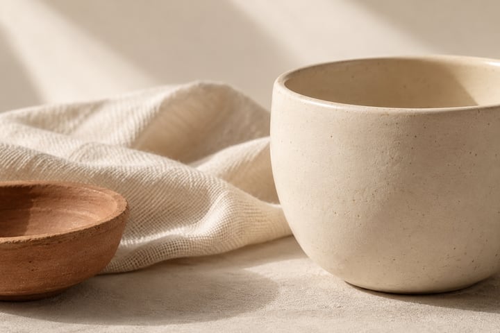 Close view of an ivory cup, cream cloth and terracotta dish