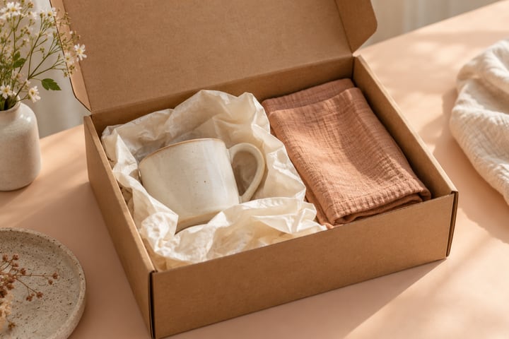 Plain kraft box with ivory cup, tissue and folded cloth