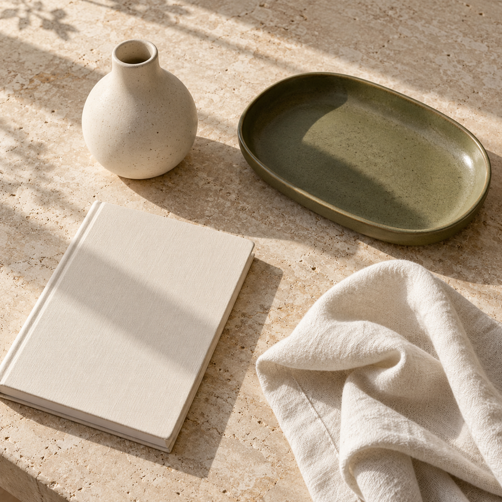 Illustrative everyday objects arranged on warm pale stone
