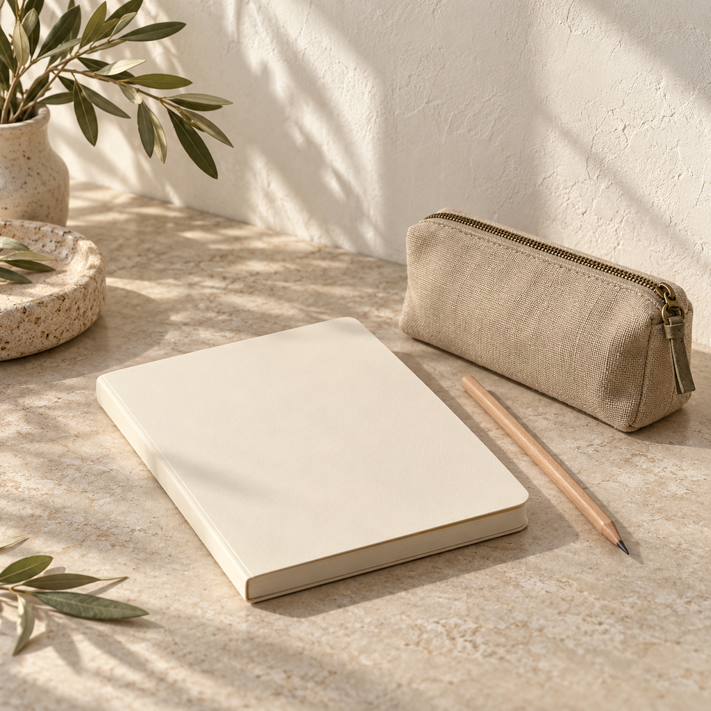 Illustrative plain notebook, pencil and canvas pouch on a quiet tabletop