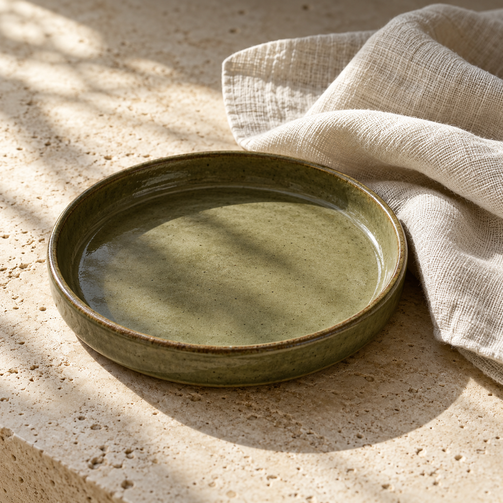 Illustrative olive glazed tray and ivory cloth, a study of everyday textures